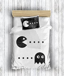 DecoMood 3D Printed 100% Cotton Pacman Bedding Set Boys Girls Bed Set, Single/Twin Size Quilt/Duvet Cover Set, Black White, with Fitted Sheet (4 Pcs) - coolthings.us
