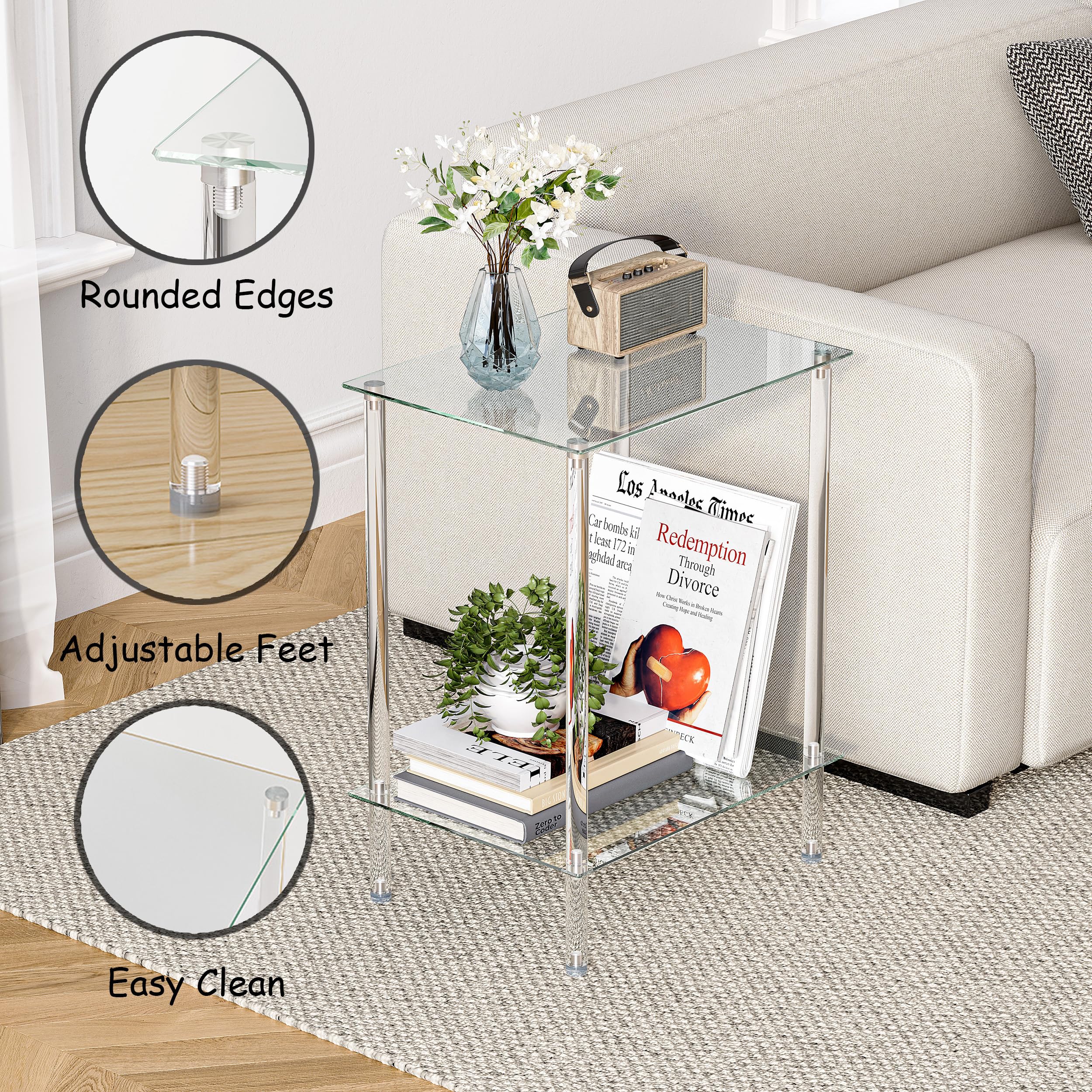 Moderner Beistelltisch Glas Eckig Transparenter Tisch mit 2 Ablagen Nachttisch Glastisch Side Table für Wohnzimmer Schlafzimmer LET518TR