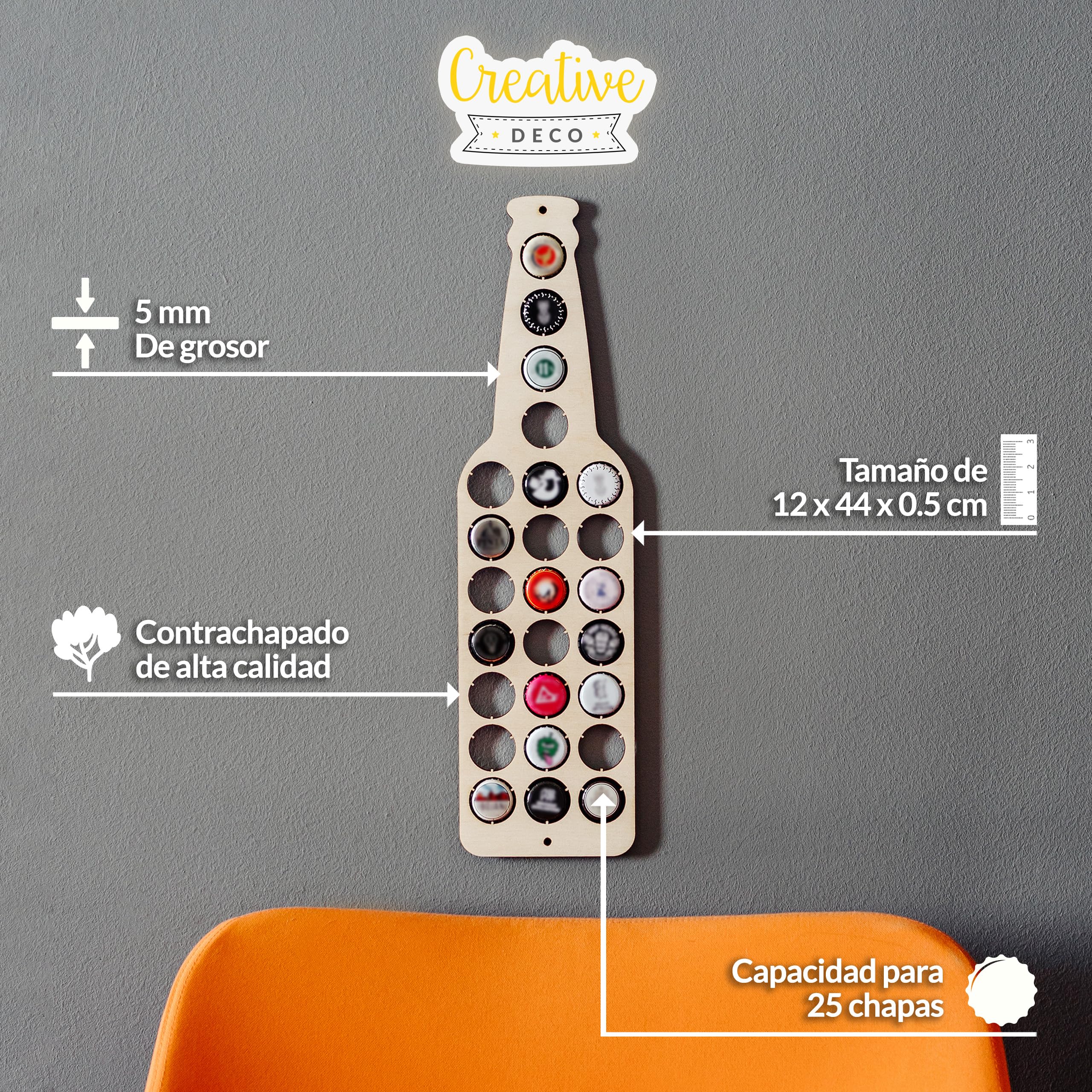 Creative DECO Botella de Contrachapado Soporte para Chapas de Cerveza | Tamaño 12 x 44 x 0,5 cm | Colección de 25 Chapas de Botellas Decoración de Pared de Madera | Regalo para los Amantes de Cerveza