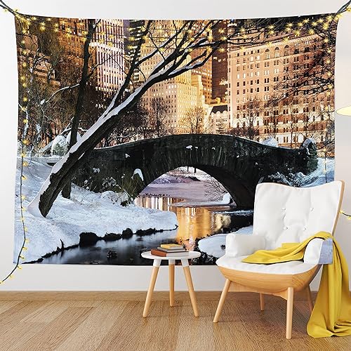 Miniatura 9 de Ambesonne Tapiz de Nueva York, Panorama del Parque Central de Manhattan de la ciudad de Nueva York en puente de invierno, lago congelado al