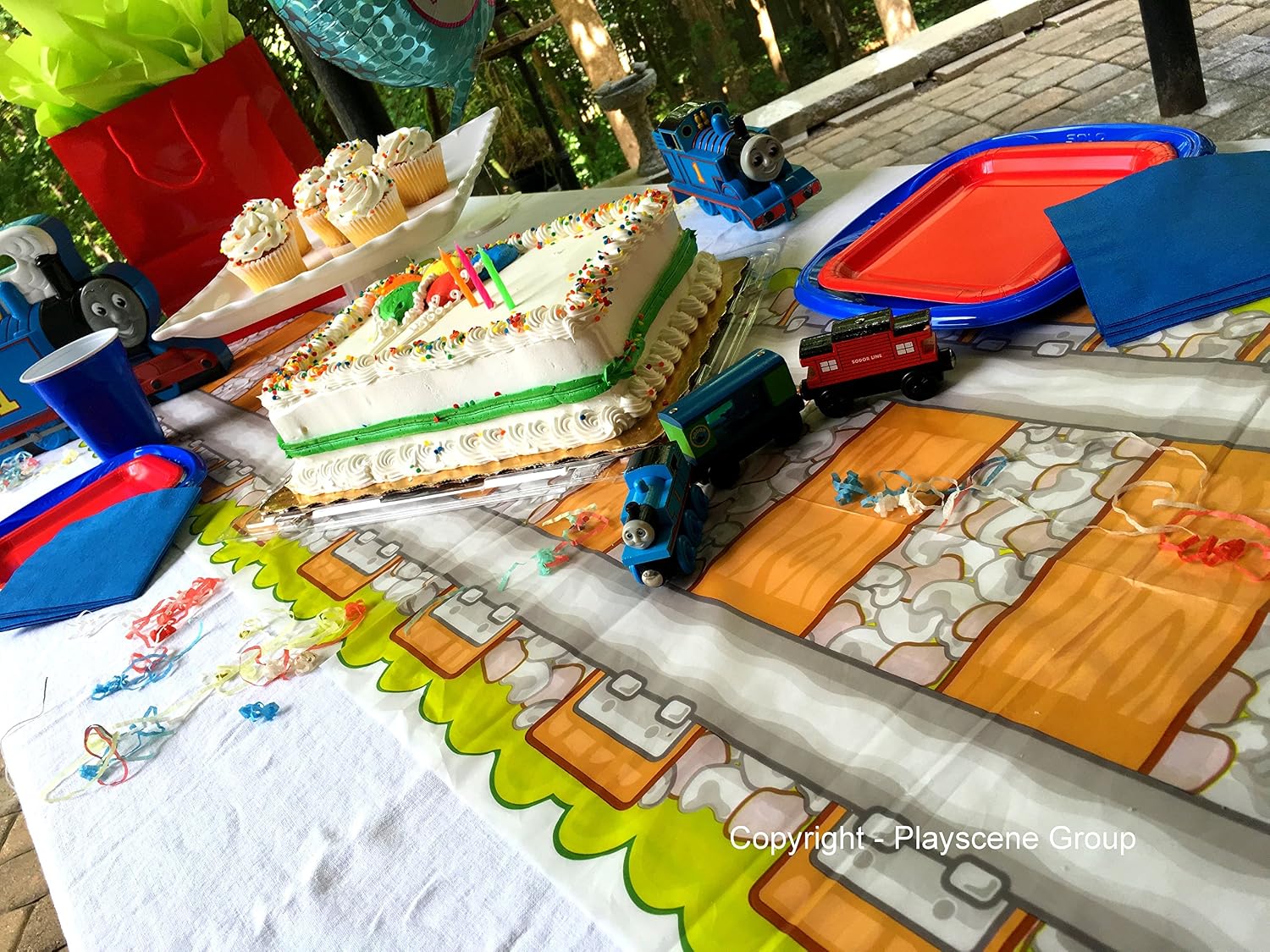 2 x Railroad Train Track Party Table Cover Tablecloth Runner, Reusable Plastic Table Cover for Kids Parties L86” x W17” Inches, by Playscene (2 Pack)