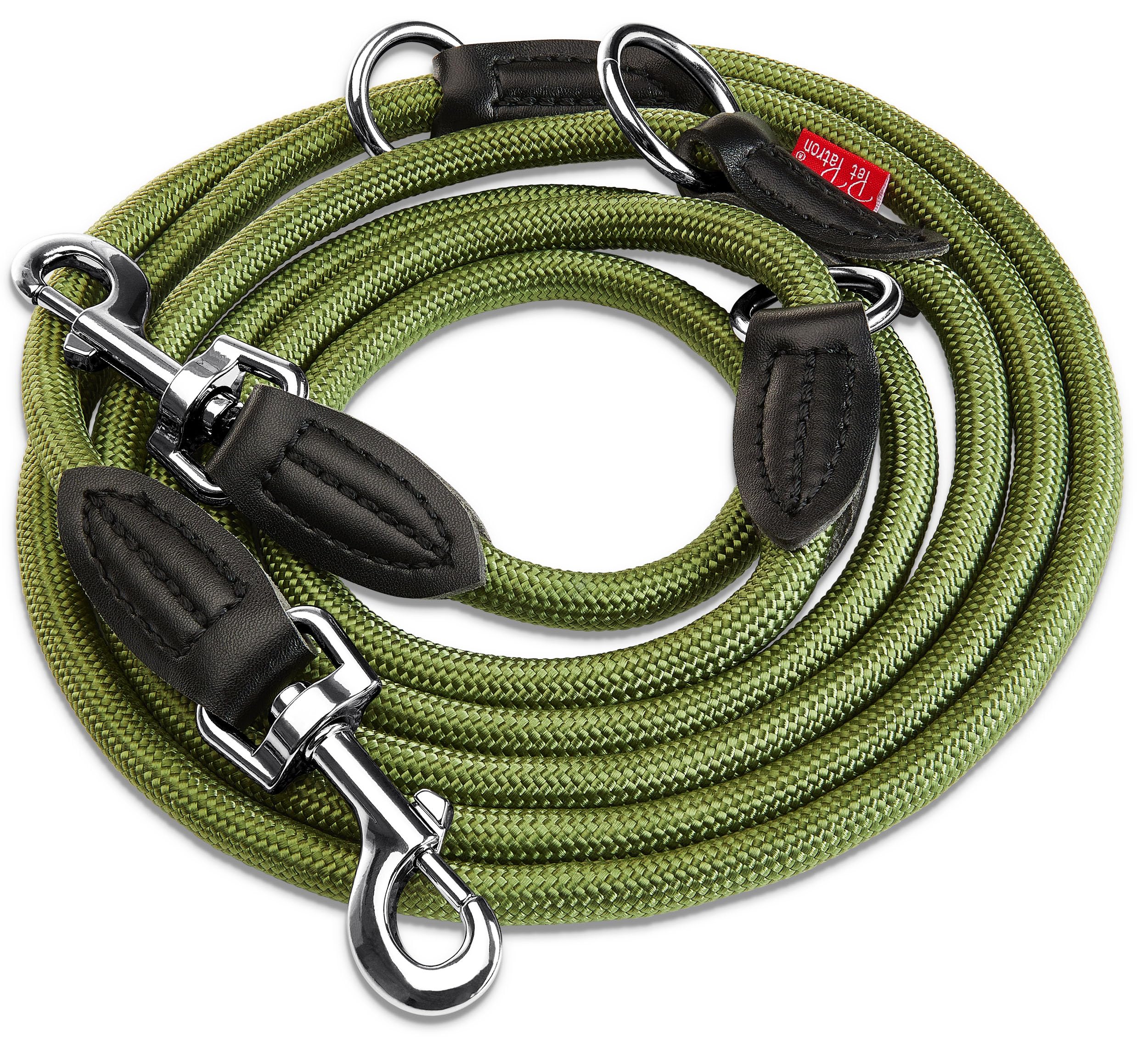 PetPatron® Hundeleine 3m verstellbar (1,5-3 m) Stilechte Führleine aus Nylon mit Lederelementen als Umhängeleine, Doppelleine & Hundeleine große Hunde mit der Zugkraft von 200 kg Grün
