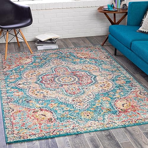 Vista 53 de Livabliss Alfombra cuadrada Odelia de 8 x 8 pies, estilo vintage, bohemio, aguamarina y azul burdeos, para sala de estar, dormitorio, medallón