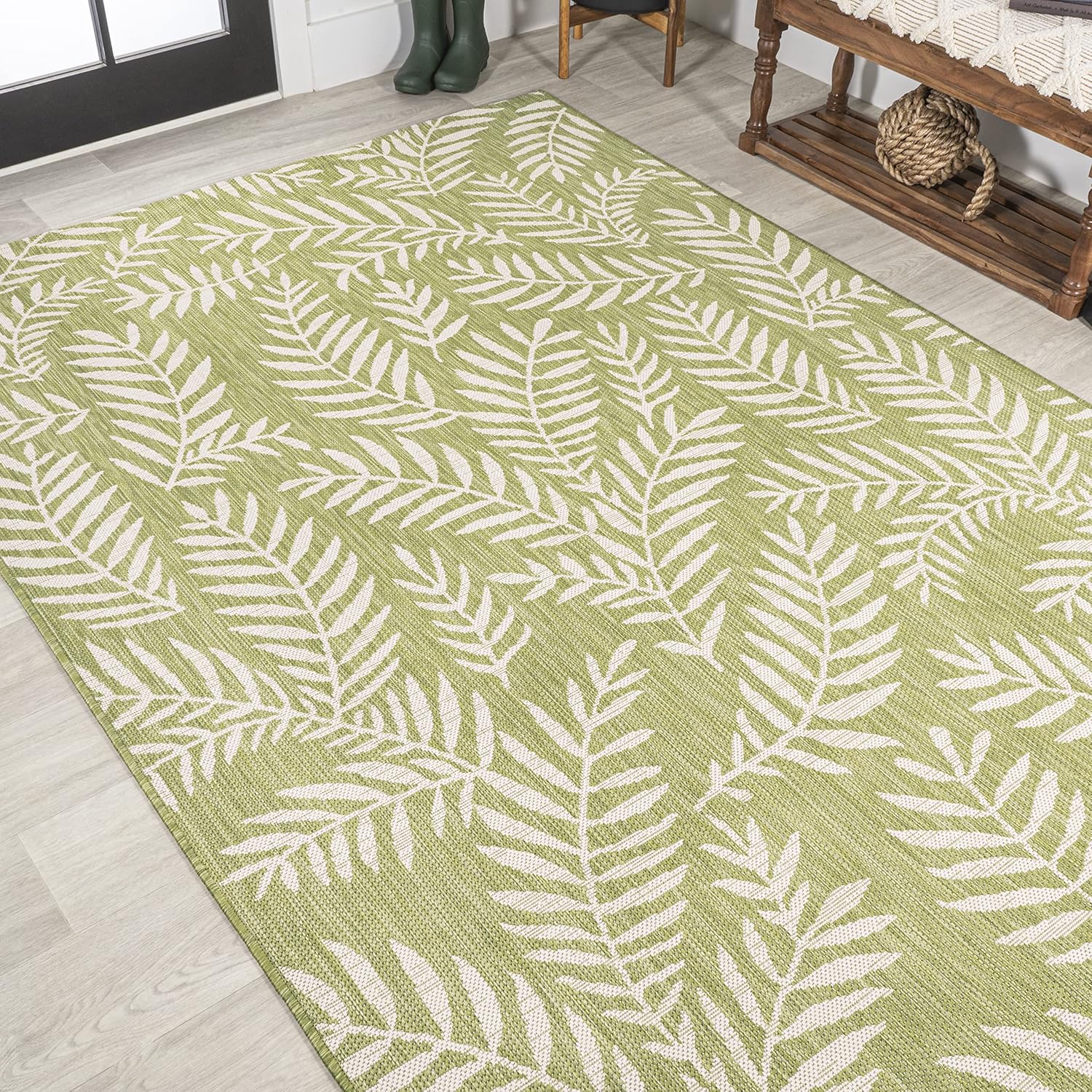 Eyely BMS119D-4 Santa Monica Nevis Palm Frond Indoor/Outdoor Area Rug Coastal;Casual;Country;Floral, Bedroom, Kitchen, Backyard, Patio, Easy-Cleaning, Non-Shedding, 4 X 6, Green/Cream