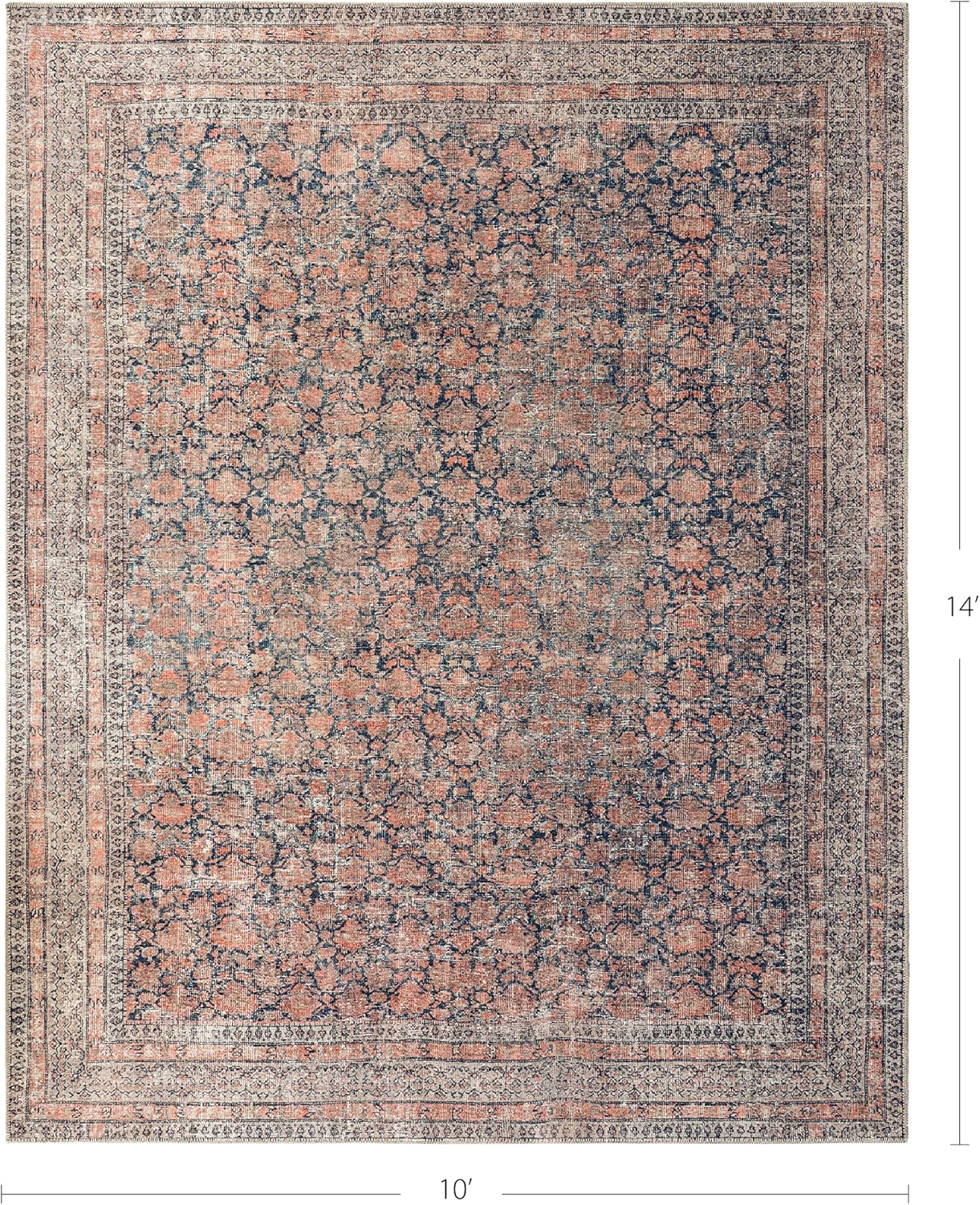 Rustica 10’ x 14’ Area Rug – Clay Rose & Blue-Cast Graphite Heritage Flatweave, Low-Pile – Easy Clean Rug for Living Room, Dining Room, Bedroom – Pet & Kid Friendly