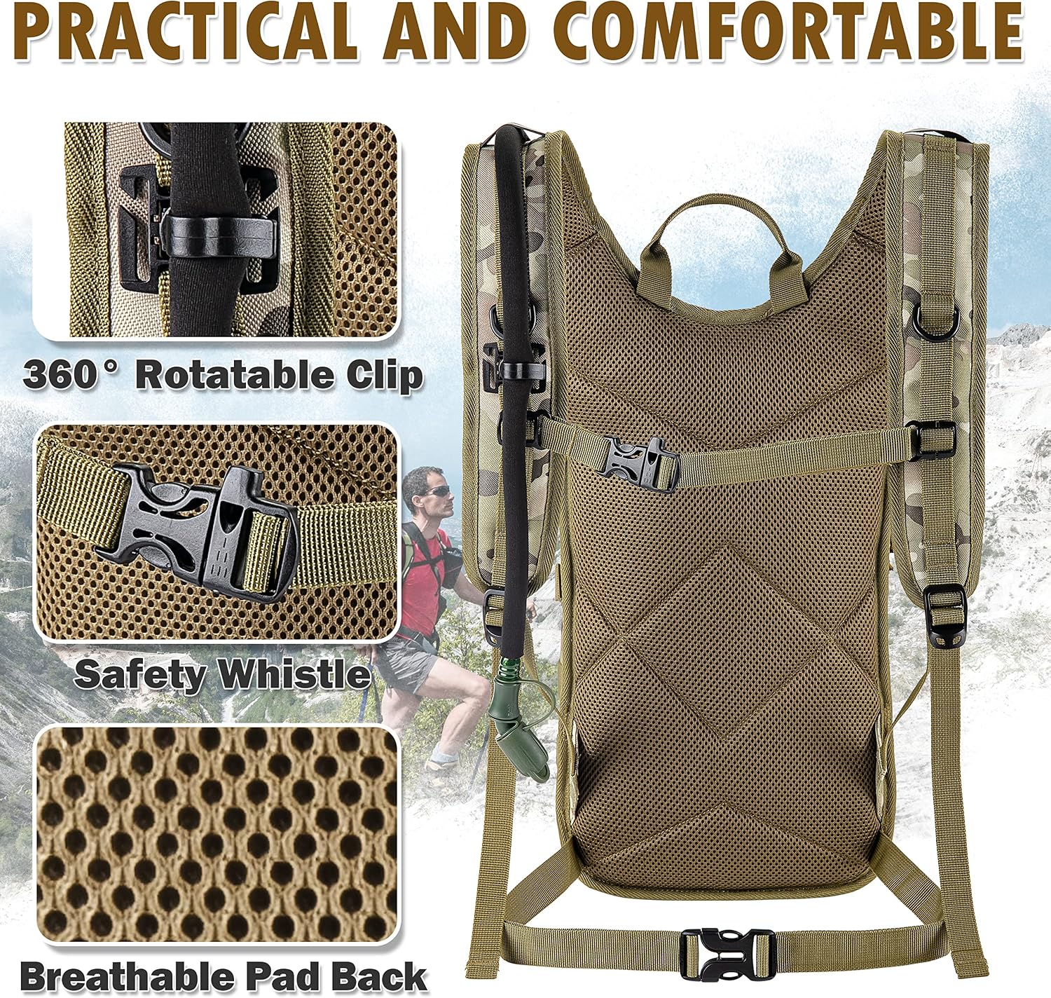 MIRACOL Tactical Hydration Backpack with 2L BPA Free Water Bladder, 900D Military Molle Water Backpack Fit Men Women & Kids
