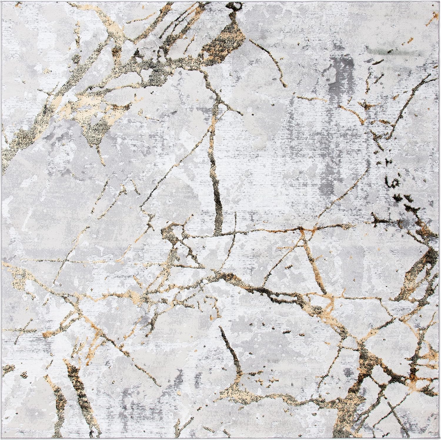 SAFAVIEH Amelia Collection Area Rug - 8' Square, Grey & Gold, Modern Abstract Design, Non-Shedding & Easy Care, Ideal for High Traffic Areas in Living Room, Bedroom (ALA293G)