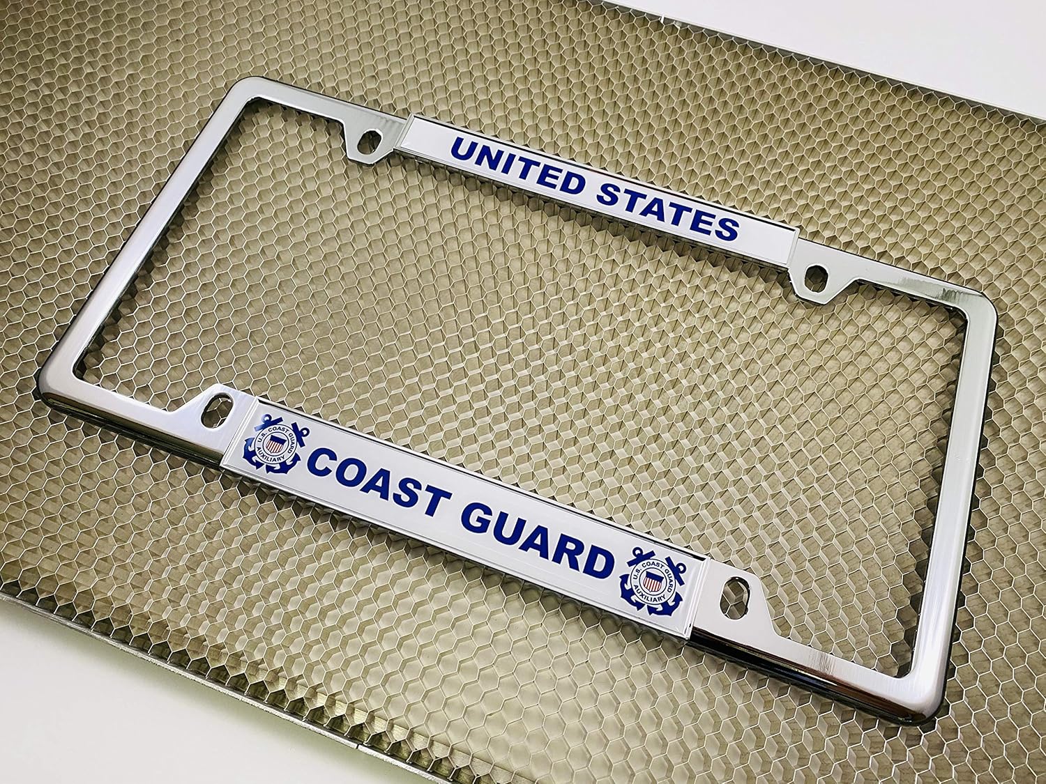 U.S. Coast Guard - Domed Custom-Made Personalized Narrow (Thin) Top 4 Hole Metal Car License Plate Frame with Free caps - Chrome (Quantity: 1 Frame)