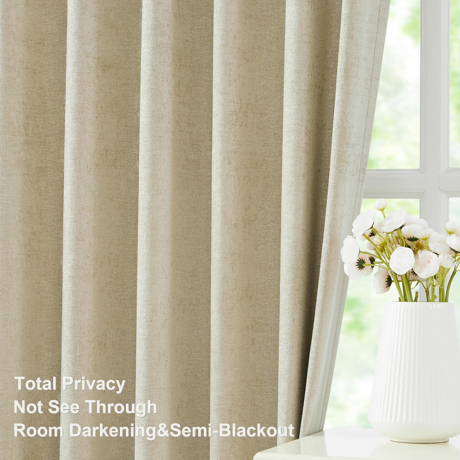 Vision Home Pinch Pleated Light Filtering Curtains Velvet Chenille Window Curtains 95 inch for Living Room Bedroom Semi Sheer Pinch Pleat Drapes with Hooks 36" Wx95Lx2,Oatmeal Tan