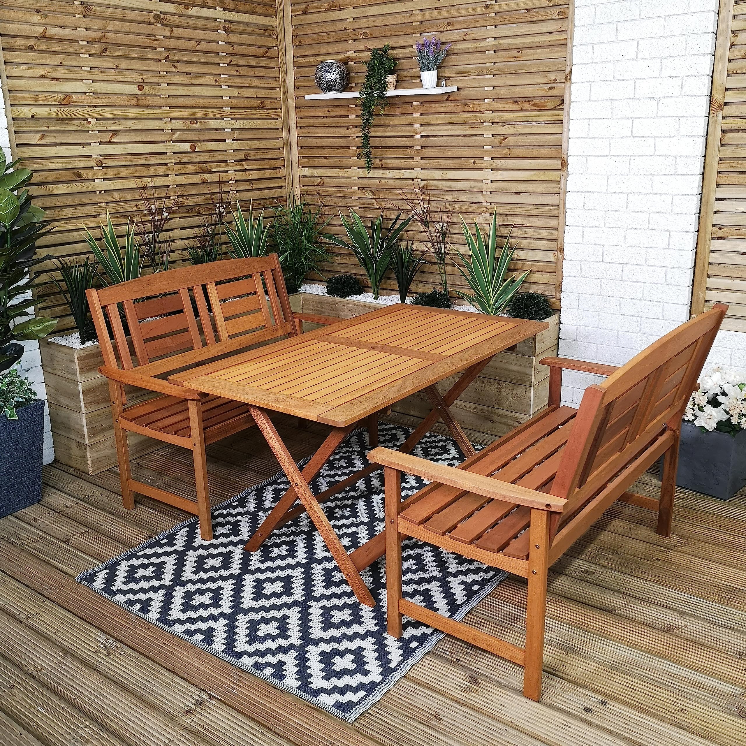 Samuel ALEXANDER Outdoor 4 Person Folding Rectangular Wooden Garden Patio Dining Table and 2 Benches Set