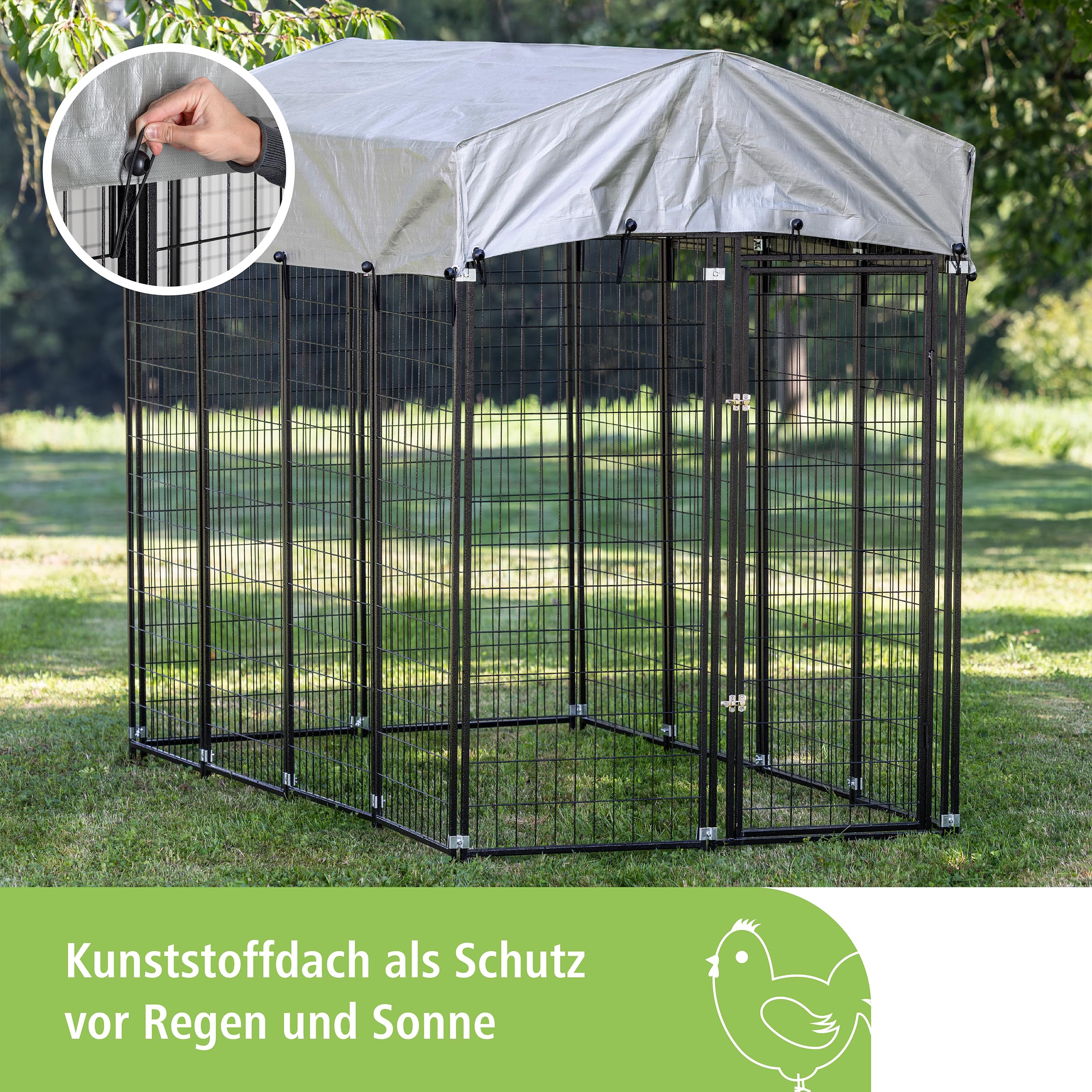 Kerbl Hobbyfarming Freilaufgehege Space, Freigehege, Hühnerzaun, schwarz, Metall pulverbeschichtet, 243x127x184cm, Gitterabstand 10cm, Sonnenschutz