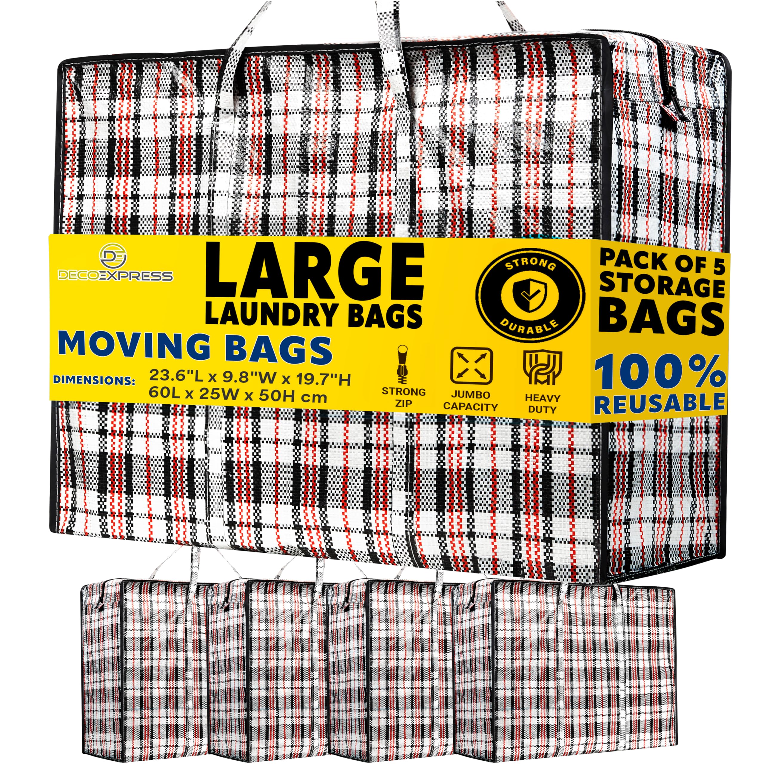 Laundry Bag Heavy Duty Storage Bags Reusable Strong Clothes Storage Bags Zip Nylon Large Boxes for Moving House Clothing & Wardrobe Storage (Pack of 5)