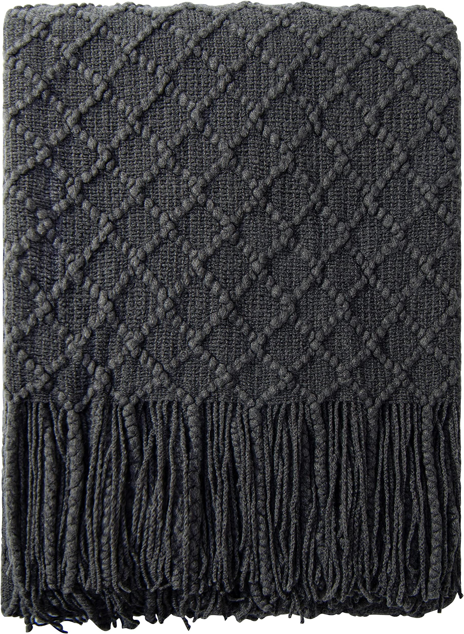 NTBAY Acrylic Knitted Throw Blanket, Lightweight and Soft Cozy Decorative Woven Blanket with 18 cm Tassels for Travel, Couch, Bed, Sofa, 130x170 cm, Dark Grey Grid