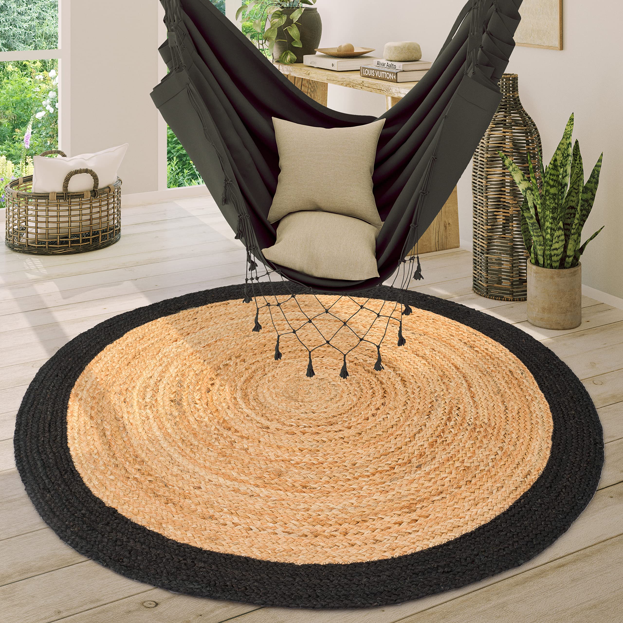 Paco Home Tappeto Salotto Rotondo Iuta Motivo Boho Etnico Moderno Fatto A Mano Naturale, Dimensione:Ø 120 cm tondo, Colore:Nero