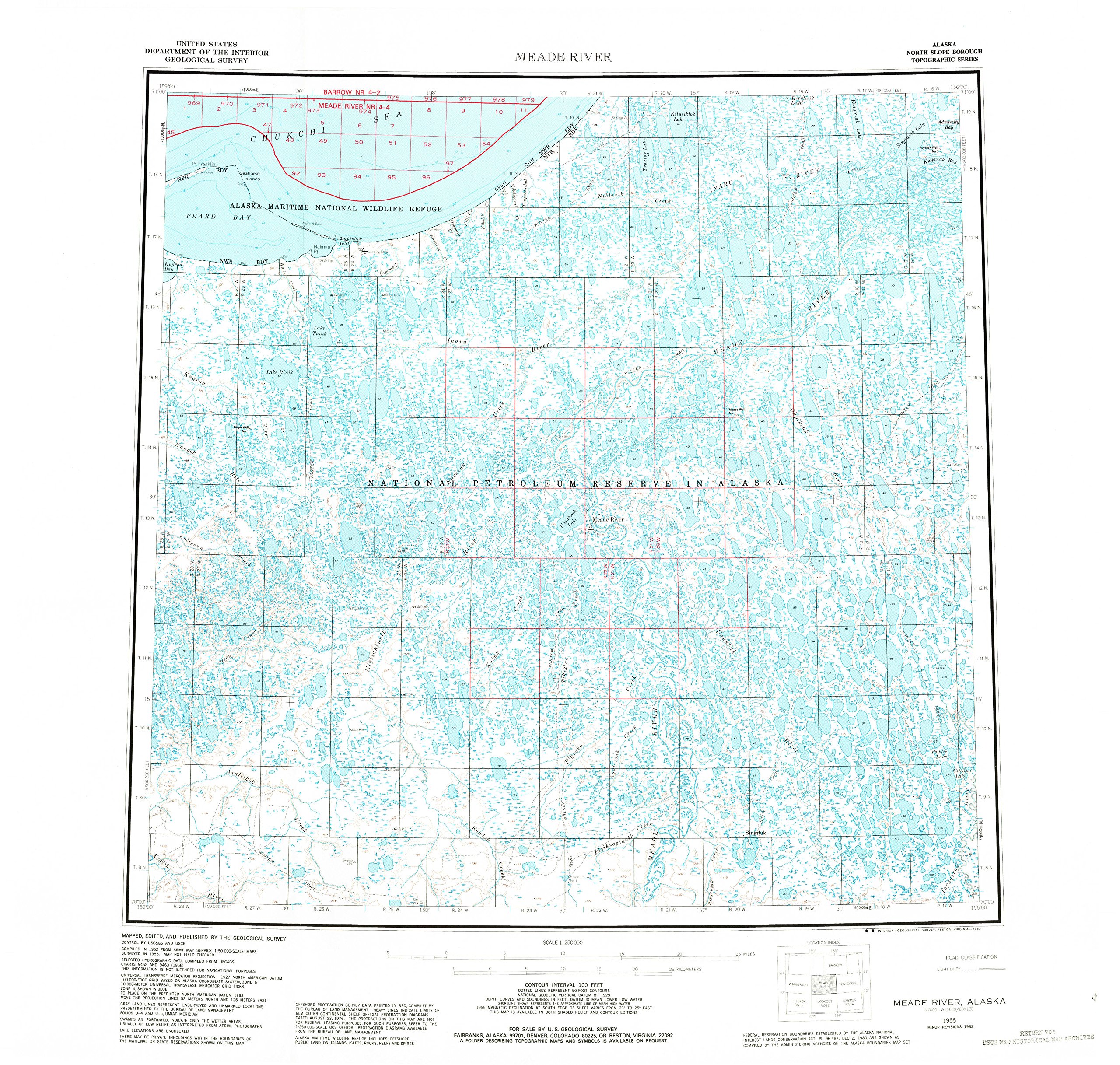 YellowMaps Meade River AK topo map, 1:250000 Scale, 1 X 3 Degree, Historical, 1955, Updated 1982, 23.1 x 24.3 in - Polypropylene