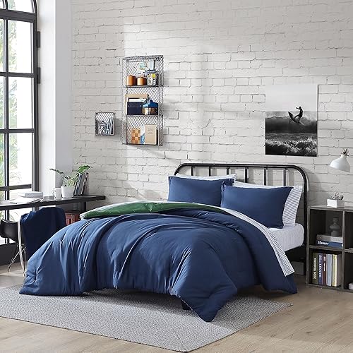 Nautica - Full Bonus Bed Set, Reversible Comforter with Matching Shams, Bed Sheets, Pillowcases, & Laundry Bag, Oeko-Tex Certified (Captain's Blue/Green)