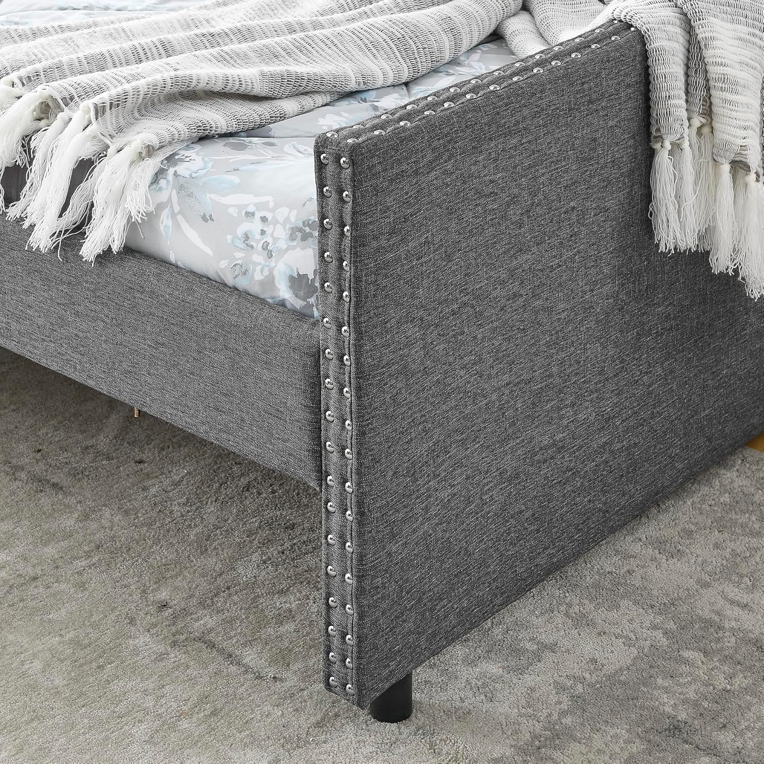 KEIKI Queen Size Upholstery Daybed with 2 Drawers and Headboard, Mid-Century Style Tufted Sofa Bed with Button on Back, Easy Assembly, No Box Spring Required, for Living Room and Bedroom, Dark Grey Drak Grey Queen+Drawer