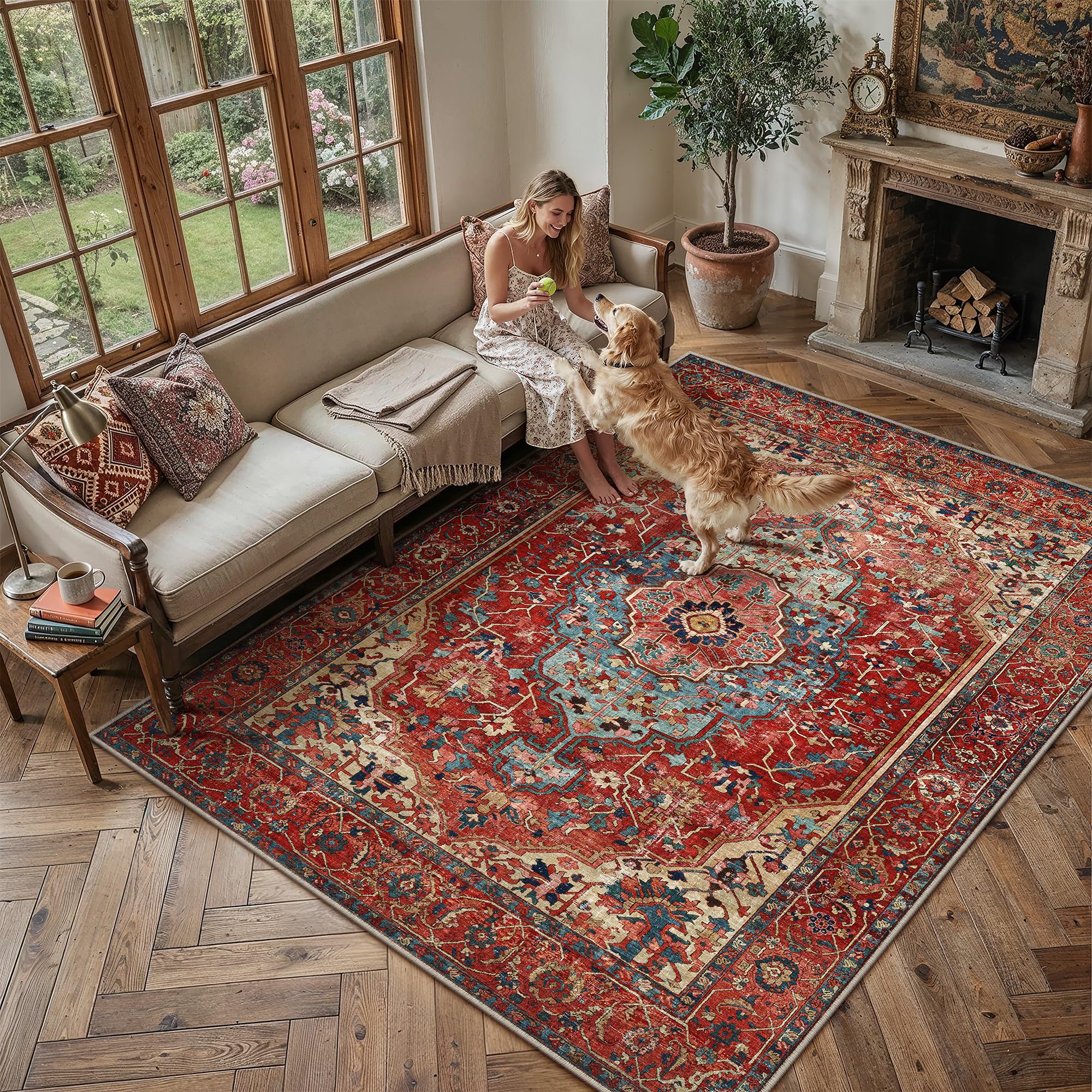 PureCozy Vintage Rugs Living Room Large Washable 160x230cm Non Slip Red Area Rug Boho Carpet for Kids Bedroom Bedside Nursery Playroom Lounge Office Traditional Carpets Low Pile Mat