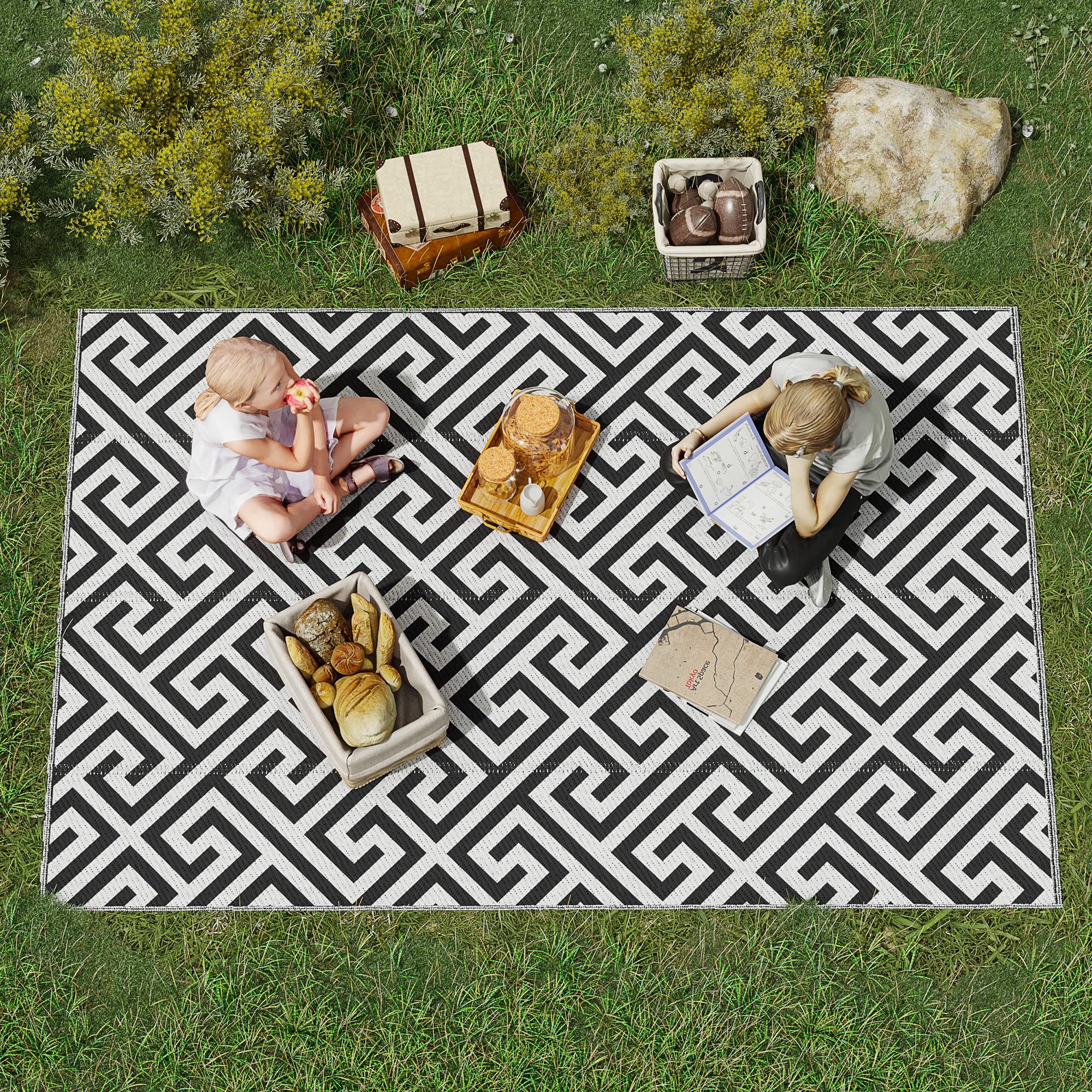 Outsunny Tappeto da esterno in plastica double face, impermeabile, per terrazze, campeggio, colore nero e bianco, 152 x 243 cm