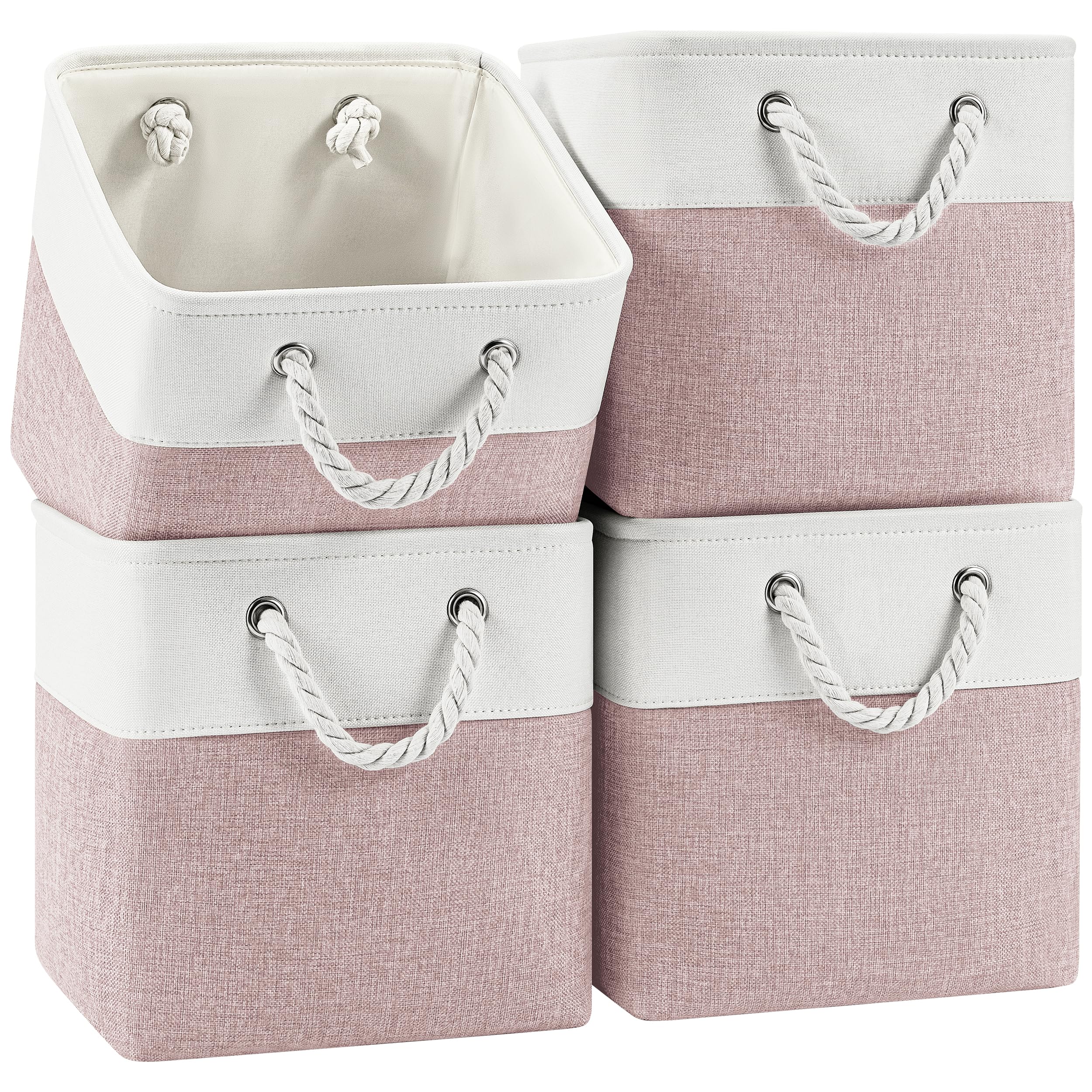 Patvingot Contenitori cubici pieghevoli in tessuto, con manici in corda, per organizzare camera da letto, soggiorno, vestiti e giocattoli, scaffali e armadi, 28 x 28 cm, 4 pezzi (bianco e rosa)