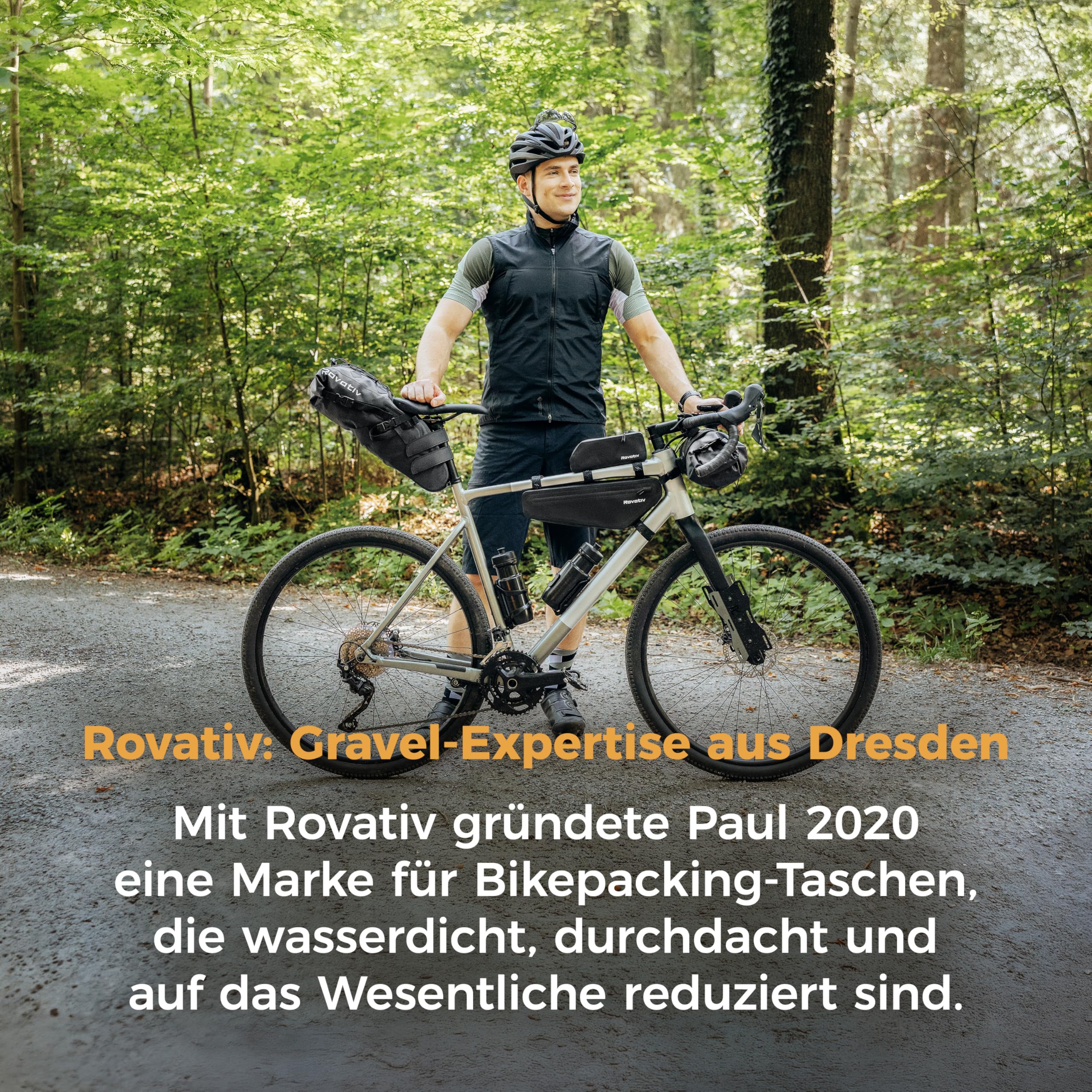 Rovativ® Bikepacking Basis-Set [22,5L] Oberrohrtasche, Satteltasche, Rahmentasche und Lenkerrolle fürs Fahrrad - 100% Wasserdicht - Für Gravelbike, Rennrad und MTB