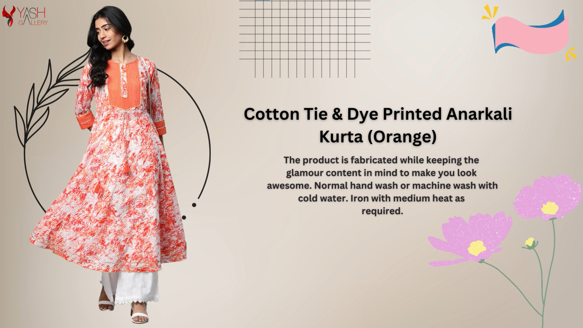 Yash Gallery Women's Cotton Tie & Dye Printed Anarkali Kurta - 3/4 Sleeves, 48" Length