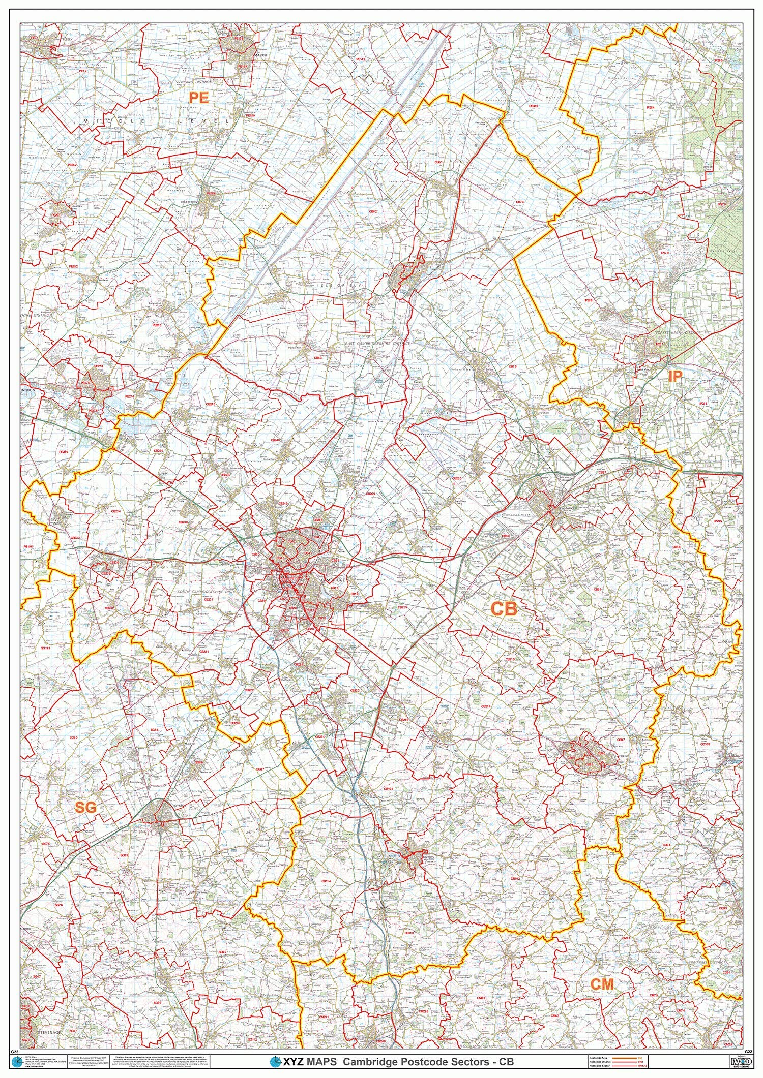 Cambridge - CB - Postcode Wall Map - Paper