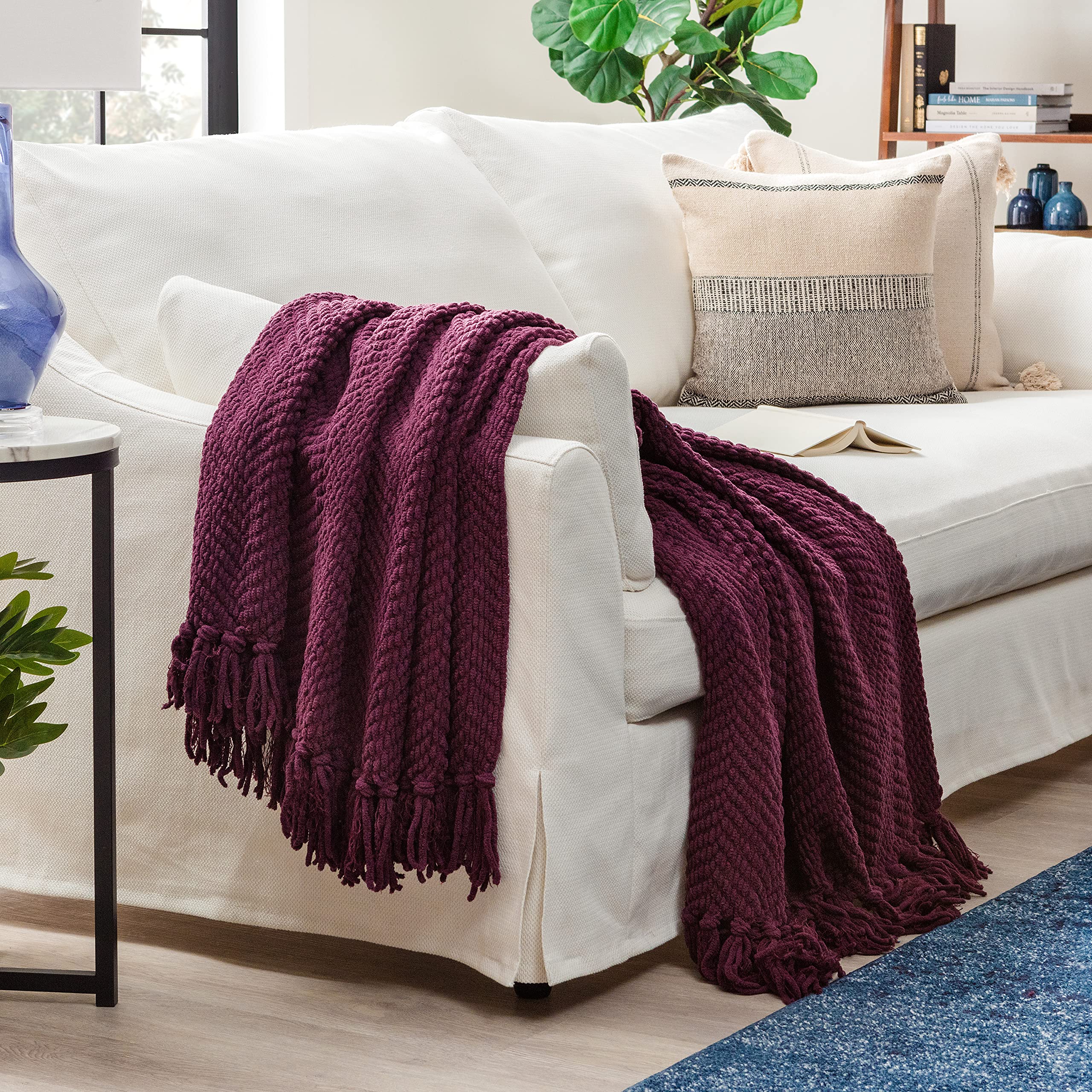 Chanasya Textured Knitted Super Soft Throw Blanket with Tassels - Plush Fluffy Cozy Knit - for Fall Couch Bed Sofa Living Room Framhouse Boho Dark Purple Accent Decor (50x65 Inches) Aubergine Blanket