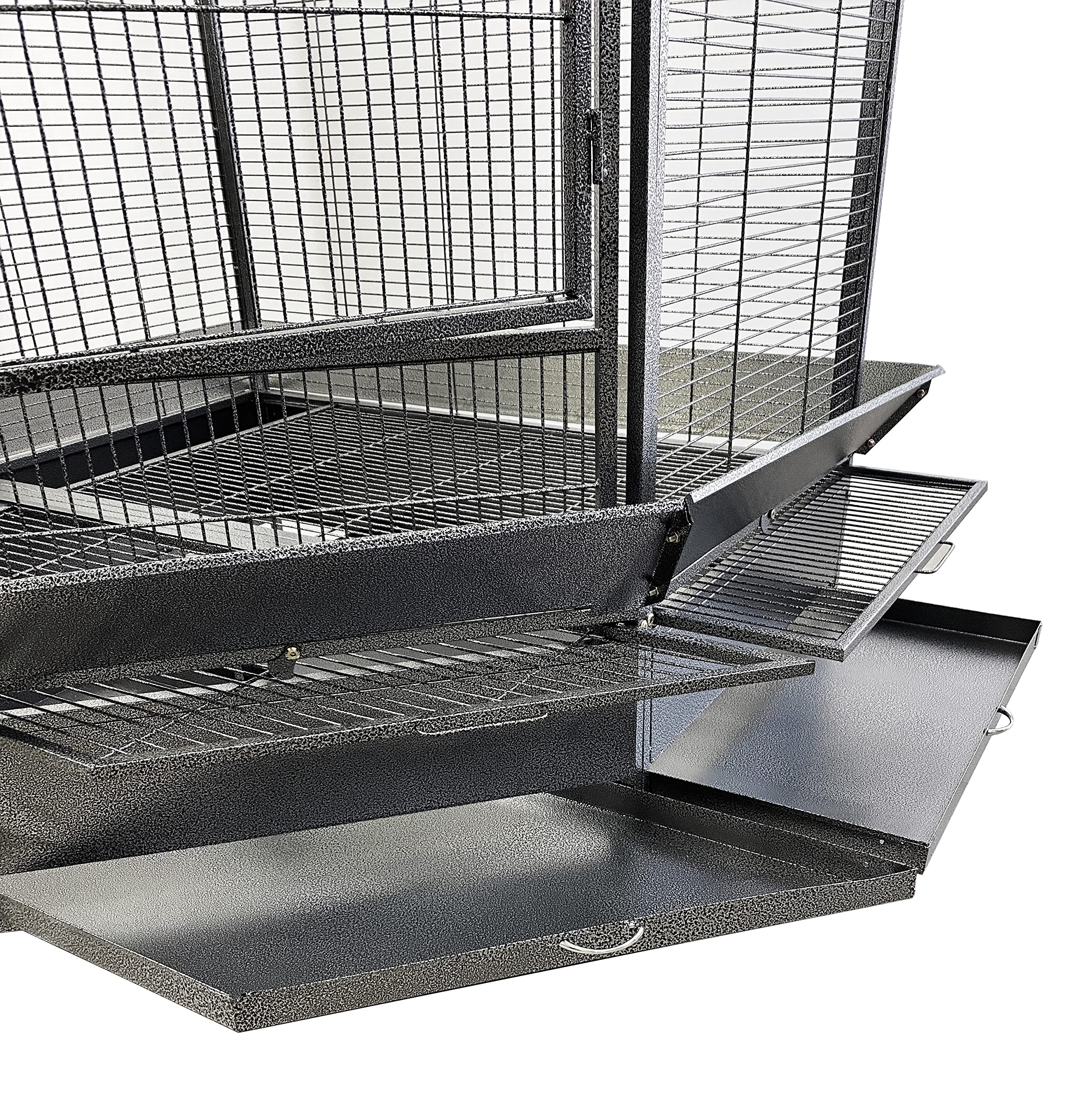 Pet's Solution - Gabbia per Pappagalli ad Angolo, Voliera Robusta e Angolare Adatta per Uccelli di Grandi Dimensioni, con Posatoi, Ciotole, Vassoi Estraibili e Ruote, Nera - 128 x 128 x 186 cm
