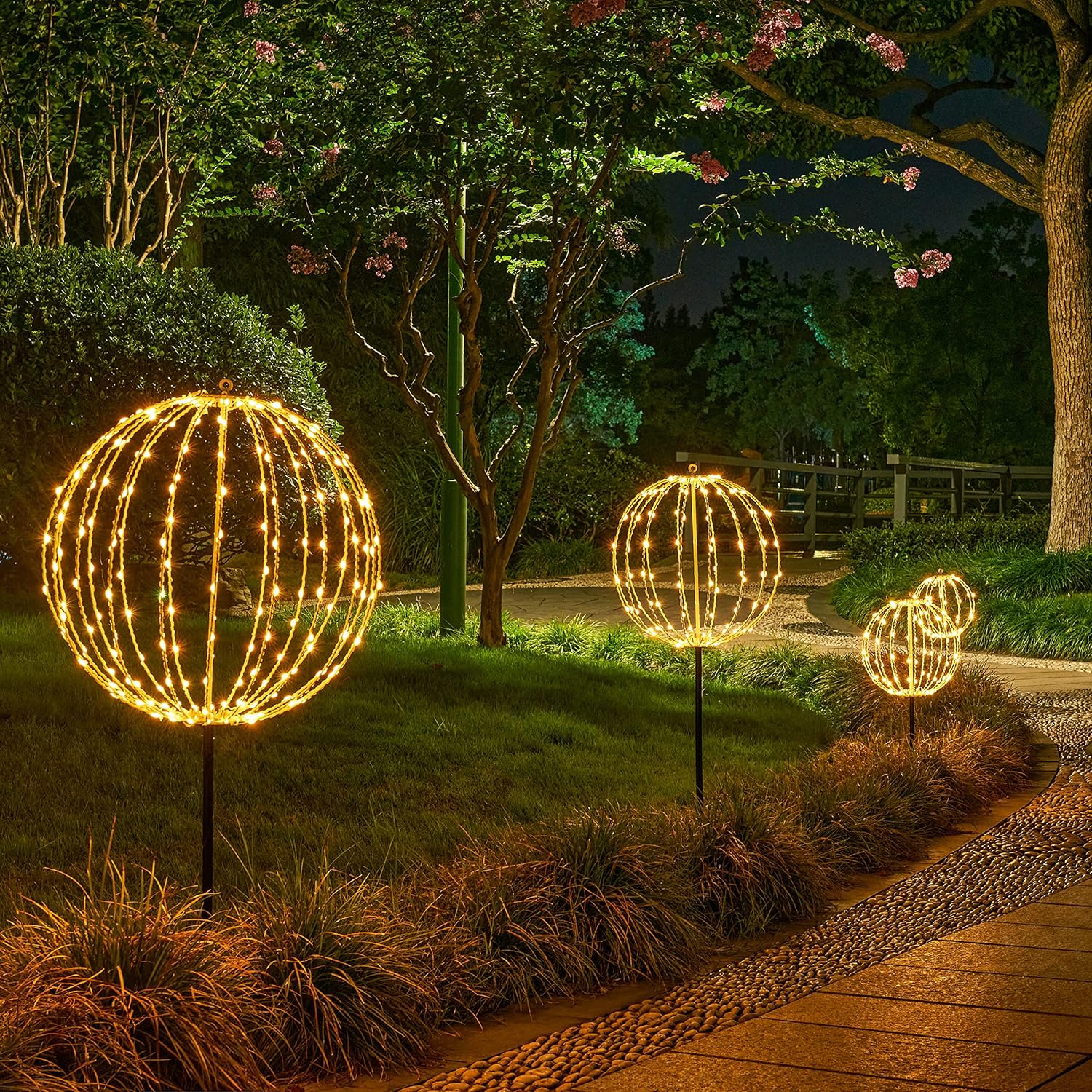 LIGHTSHARE 12IN 96LED Light Ball Light Garden Yard Decoration Pathway Lights Sphere Light with Fold Flat Metal Frame Indoor Outdoor Waterproof, Plug in