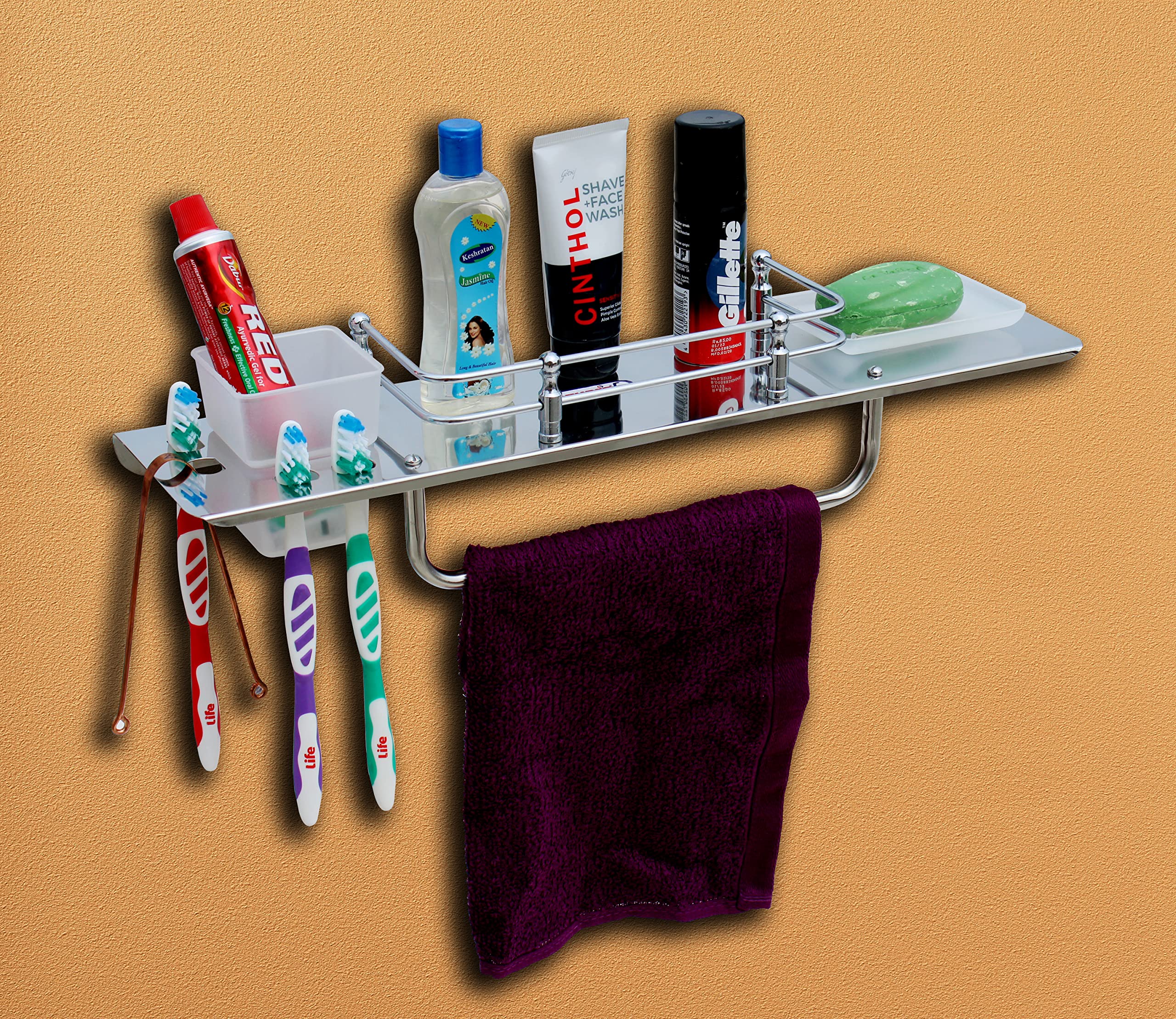 SQUARO ONLINE STORE Squaro Premium Stainless Steel 5 In 1 Multipurpose Shelf/Shelves/Towel Rod Hanger/Tumber Holder/Toothbrush Stand/Soap Dish/All In One Bathroom Accessories (18 Inch) (B0B5DVDYFV) Amazon Price History, Amazon Price Tracker