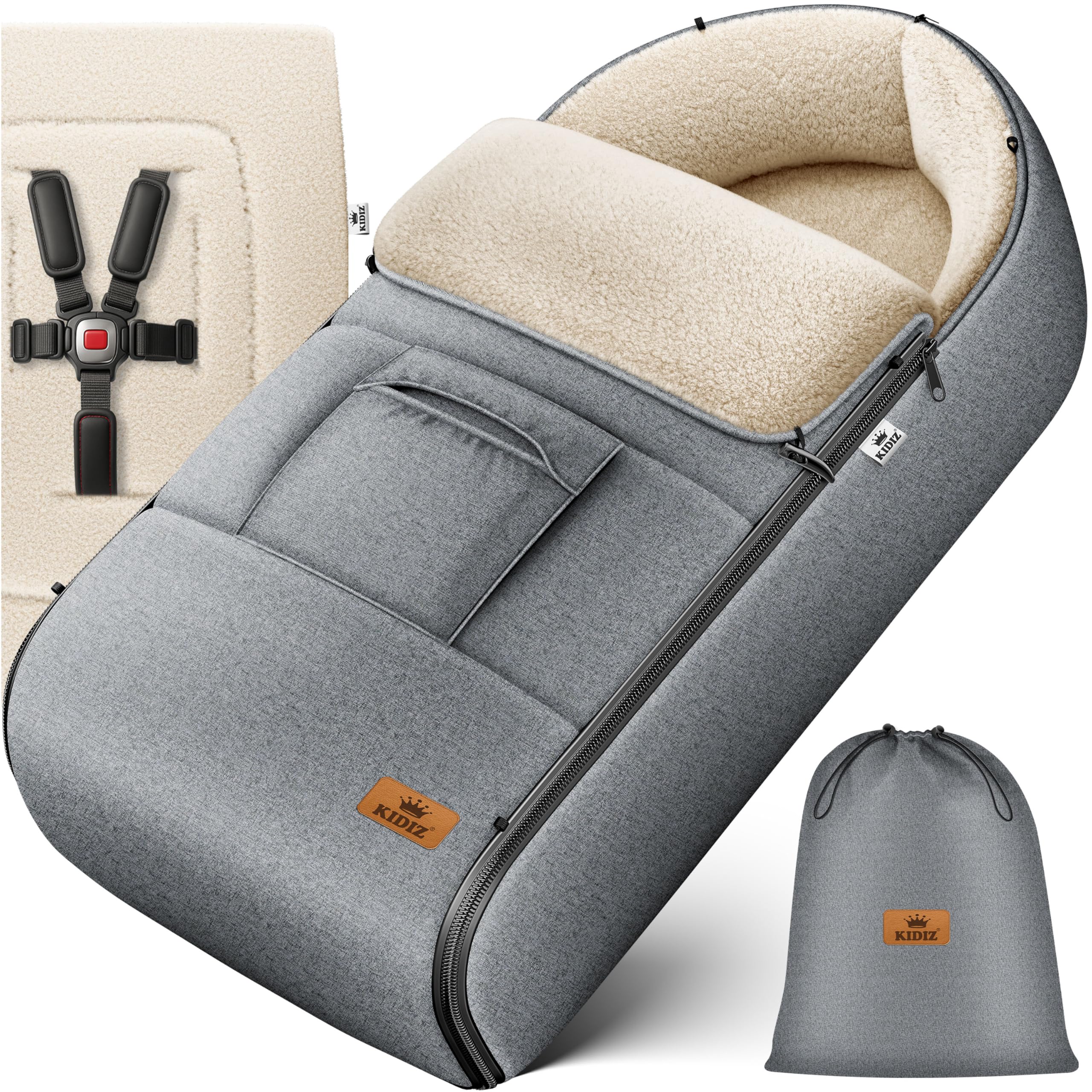 Kidiz® Babyfußsack Baby Fußsack Winterfußsack Babyschale mit Reißverschluss Kuschelsack Babydecke Kinderwagen waschbar verschließbarer Kopfteil,Tasche, passend für alle Kinderwagen, Jeans Grau