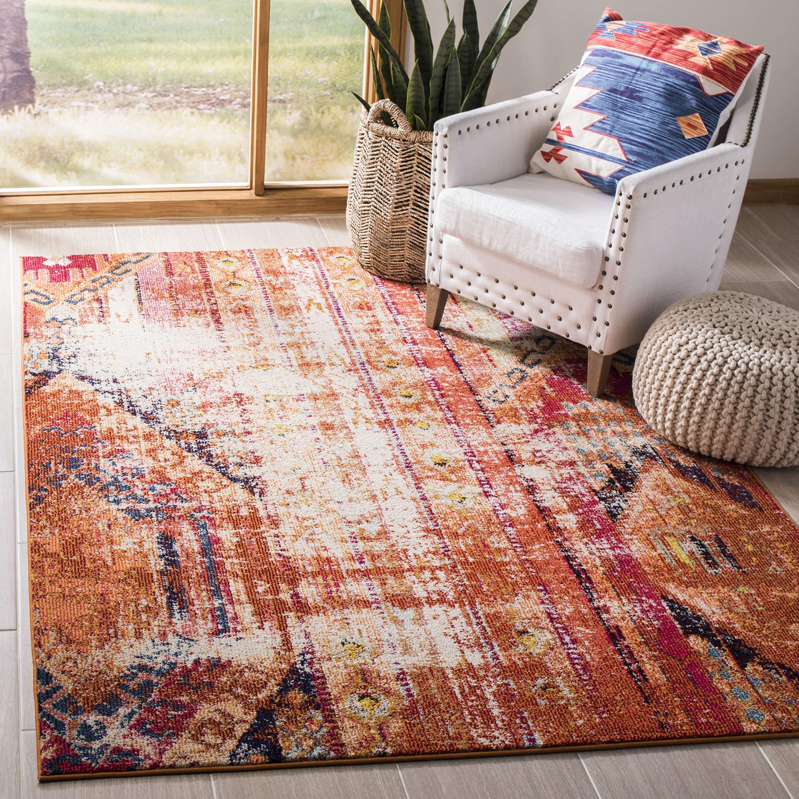 SAFAVIEH Monaco Collection Accent Rug - 4' x 5'7", Orange & Multi, Tribal Distressed Design, Non-Shedding & Easy Care, Ideal for High Traffic Areas in