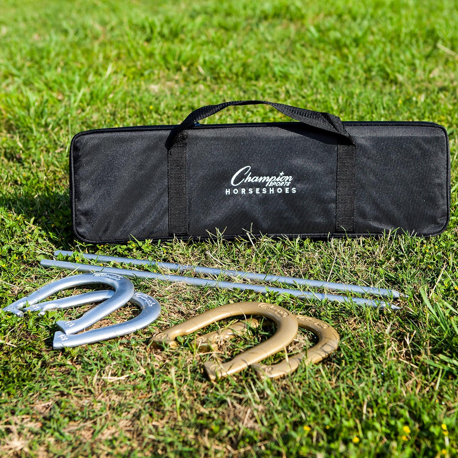 Champion Sports Horseshoe Set: Traditional Outdoor Lawn Game includes Four Professional Solid Steel Horseshoes with Solid Steel Stakes & Carrying Storage Case