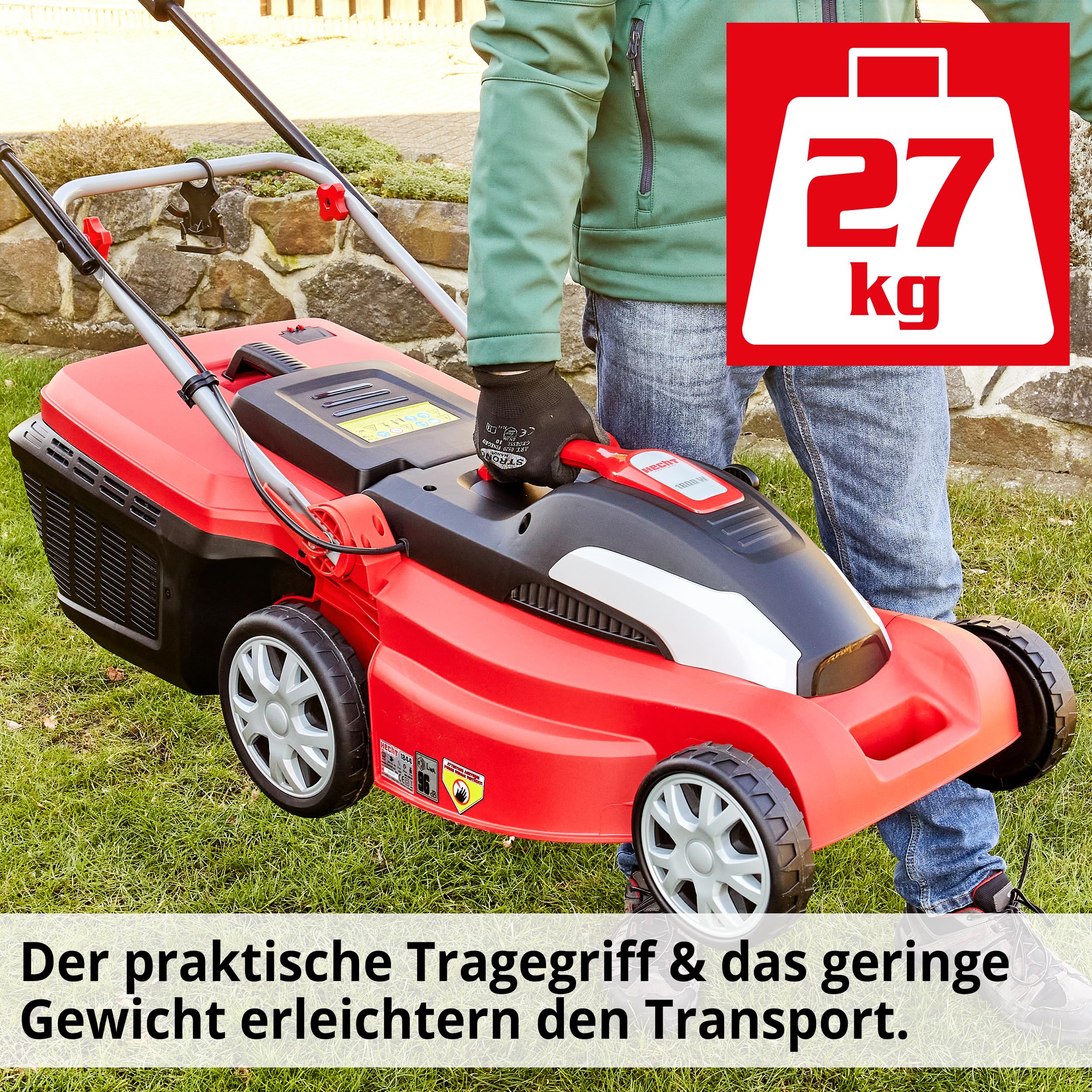 HECHT Elektro Rasenmäher 1800 W – 42 cm Schnittbreite, 50 L | 11-fache zentrale Schnitthöheneinstellung 25–85 mm für gepflegten Rasen, leichten Schnitt und komfortables Mähen
