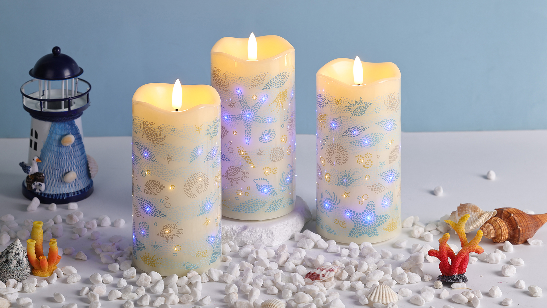 Image of Eywamage Ocean Fiber Optic LED Pillar Candles with Remote 3 Pack | Coastal theme, summer daily decor, 3 AA battery powered, remote timer function, Φ 3 inch H 6 inch, flickering realistic