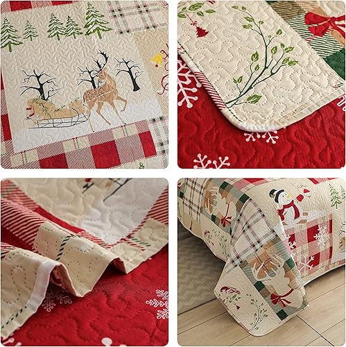 Miniatura 10 de Juego de edredón de Navidad tamaño matrimonialqueen, colcha reversible de 3 piezas, diseño de árbol de muñeco de nieve para decoración de cama de