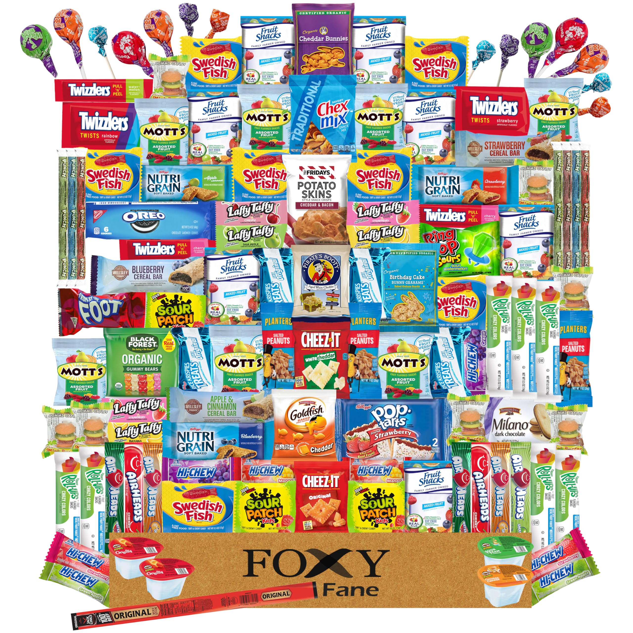 Foxy Fane 150 count Deluxe Snack Box - Ultimate Gift Care Package with Variety Assortment of Crackers, Cookies, Candy, Chips & other Snacks - Bulk Bundle of Delicious Treats (150 Snacks)