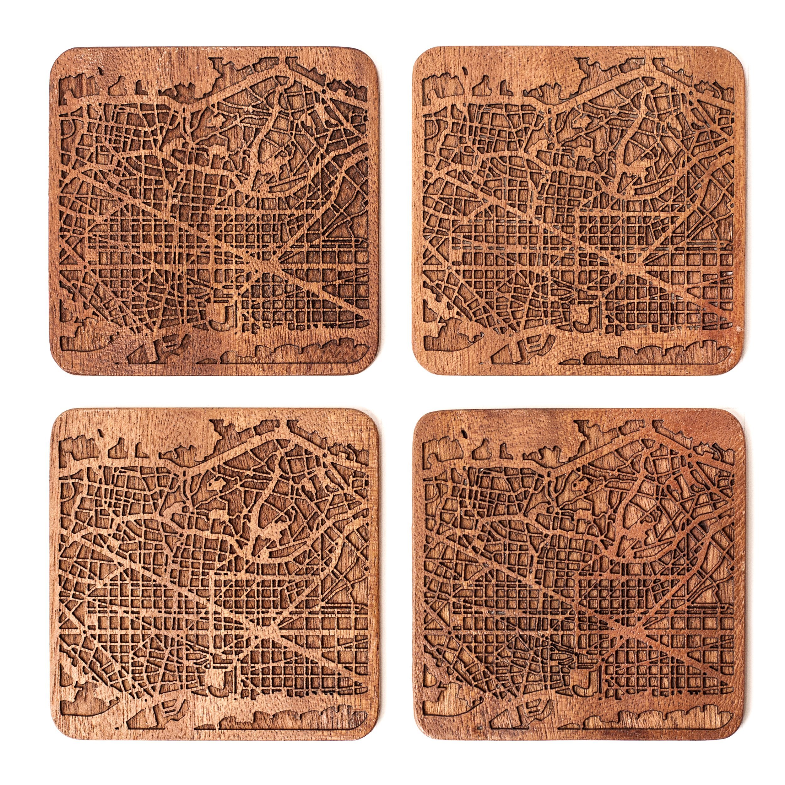 O3 DESIGN STUDIOBarcelona Map Coaster , Set Of 4, Sapele Wooden Coaster With City Map, Handmade