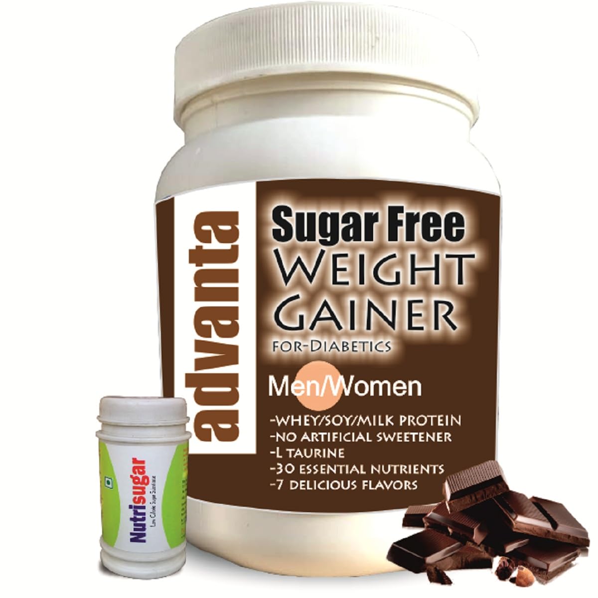 Advanta Sugar Free Weight Gainer Protein for Diabetics 1 kg (Chocolate) + Nutrisugar 75 gm Powder