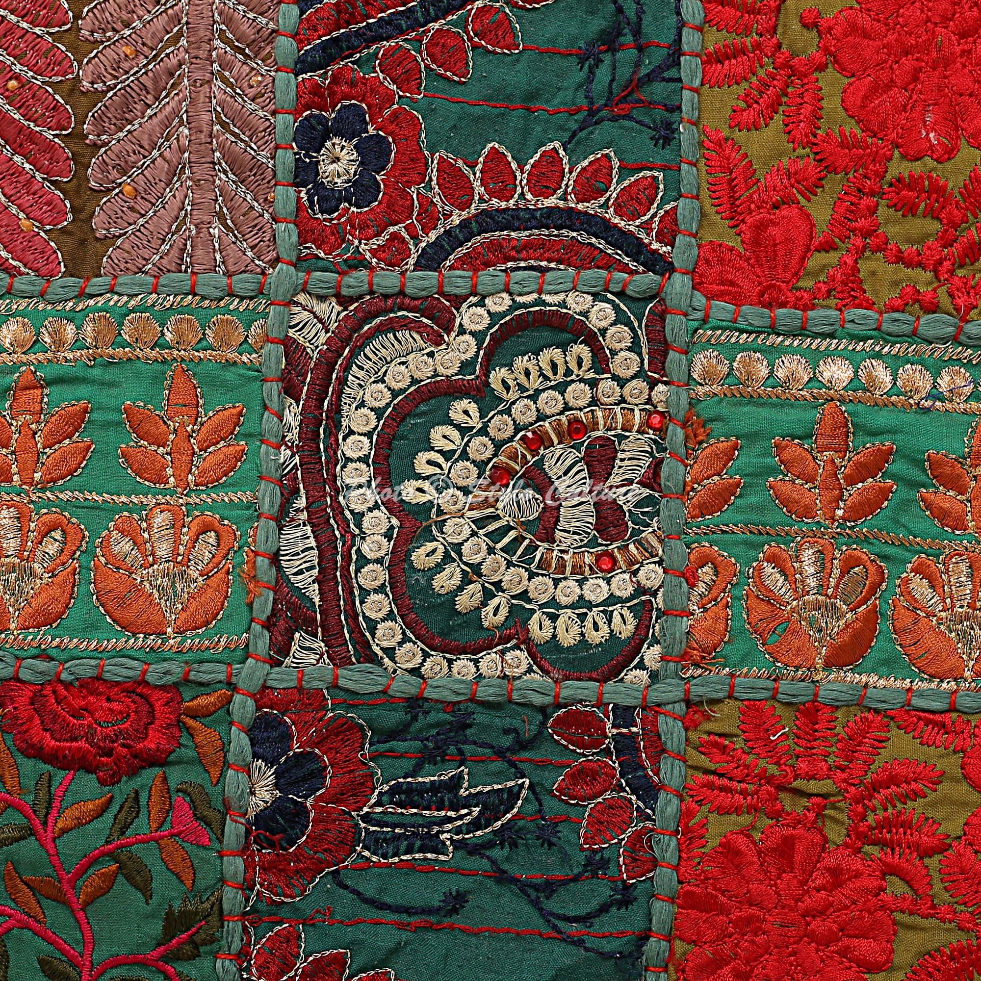 Indische Dekorativ Baumwolle Couch Kissenbezüge 43x43 cm Dunkelgrün Dekokissen Gesticktes Patchwork Schlafzimmer Sofa Kissen Bezüge Blumen Quadrat Kissenhullen - 4 STK.