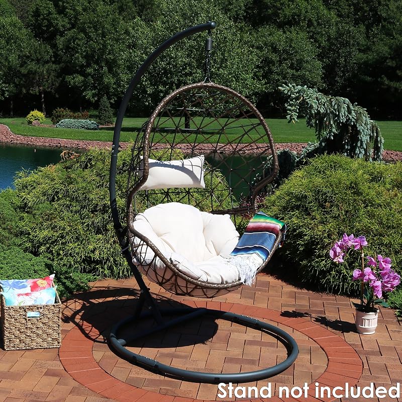 Sunnydaze Danielle Hanging Egg Chair - Resin Wicker Basket Design - Outdoor Use - Includes Beige Cushion image 6