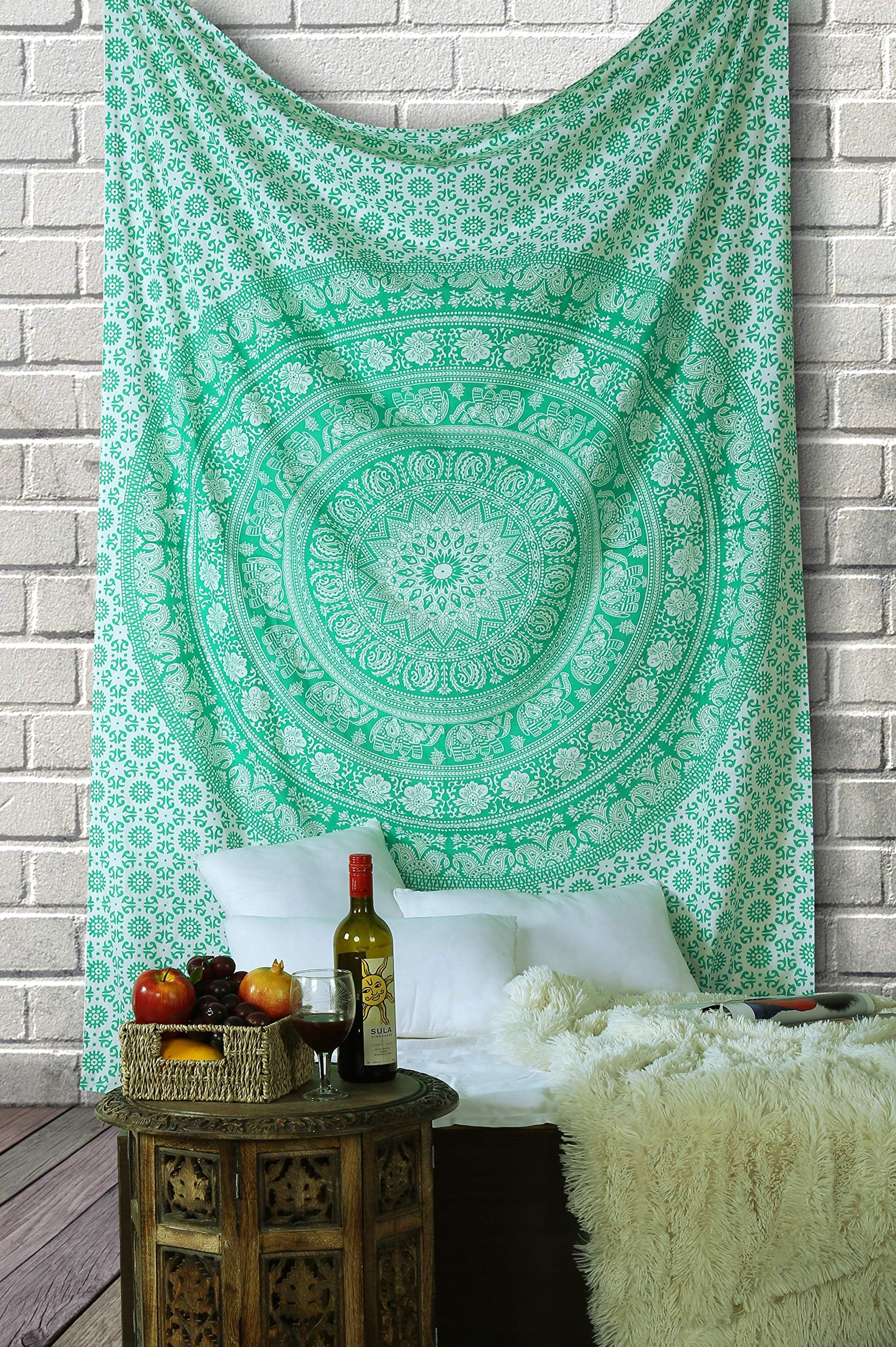 RAJRANG Green Mandala Tapestry | Boho Elephant Cotton Wall Hanging Bohemian 76x102cm Tapestry for Bedroom, Meditation, Room Décor | Indian Fabric Wall Art