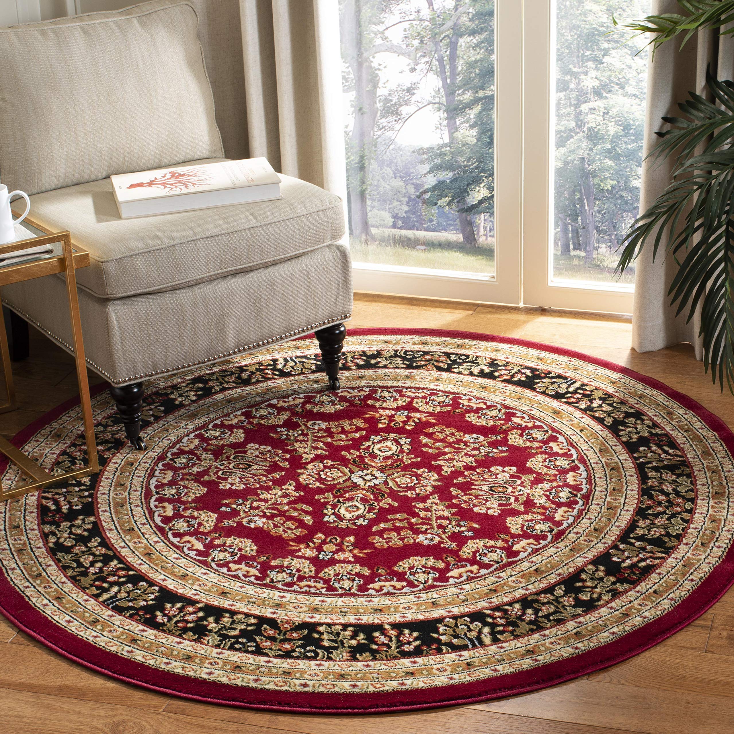 Lyndhurst Collection Area Rug - 5'3" Round, Red & Black, Traditional Oriental Design, Non-Shedding & Easy to Clean, Ideal for Living Room, Bedroom, Dining Space (LNH331B)