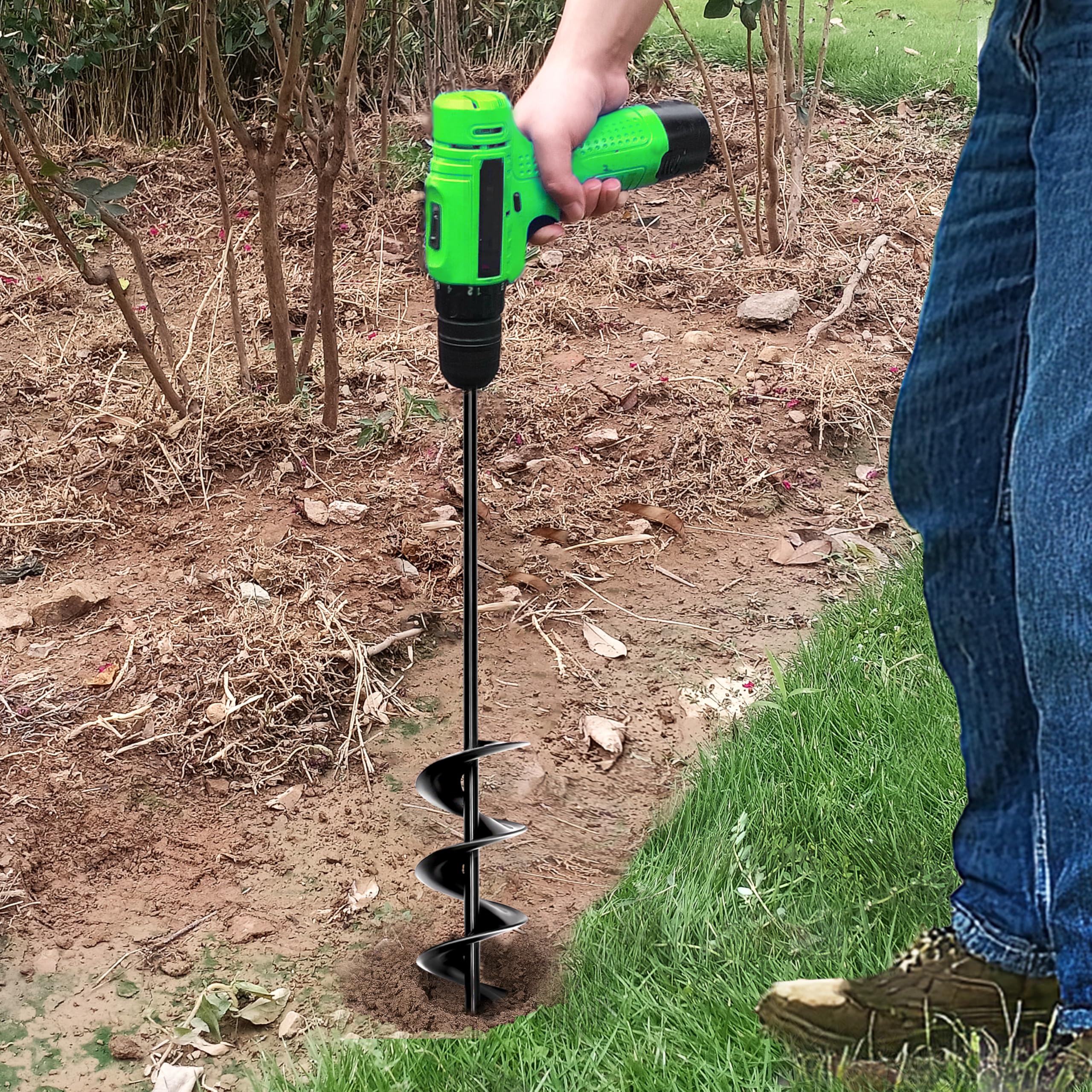 Erdbohrer für Akkuschrauber 5x80cm,Pflanzbohrer mit langer massiver Schaft,robuster Bodenbohrer ideal für Zaunpfähle, Blumenzwiebeln, Bäume, Sträucher, Drainage- und Düngerlöcher,Gartenbohrer Schwarz