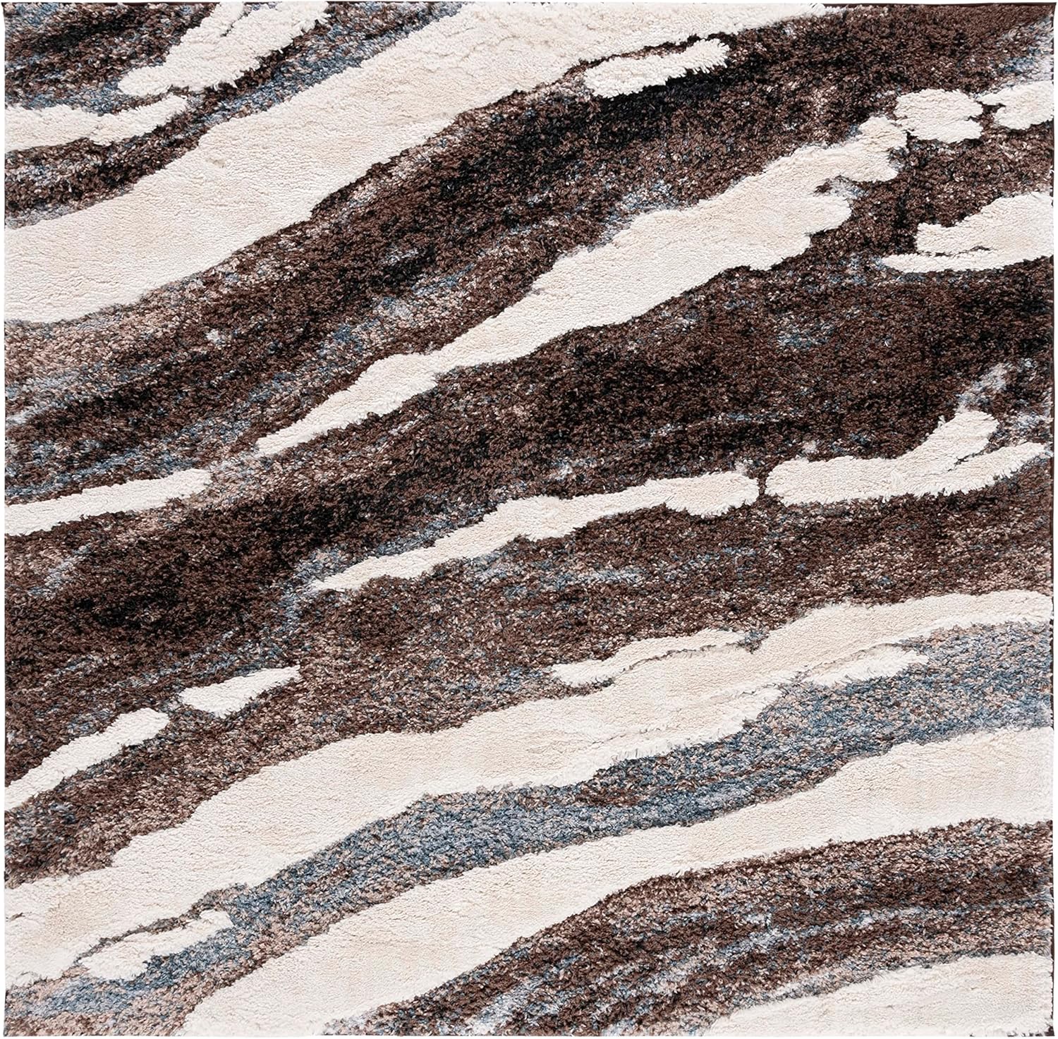 SAFAVIEH Hi-Lo Shag Collection Area Rug - 6'7" Square, Brown & Beige Blue, Abstract Design, Non-Shedding & Easy Care, 1.6-inch Thick Ideal for High Traffic Areas in Living Room, Bedroom (HLS204T)