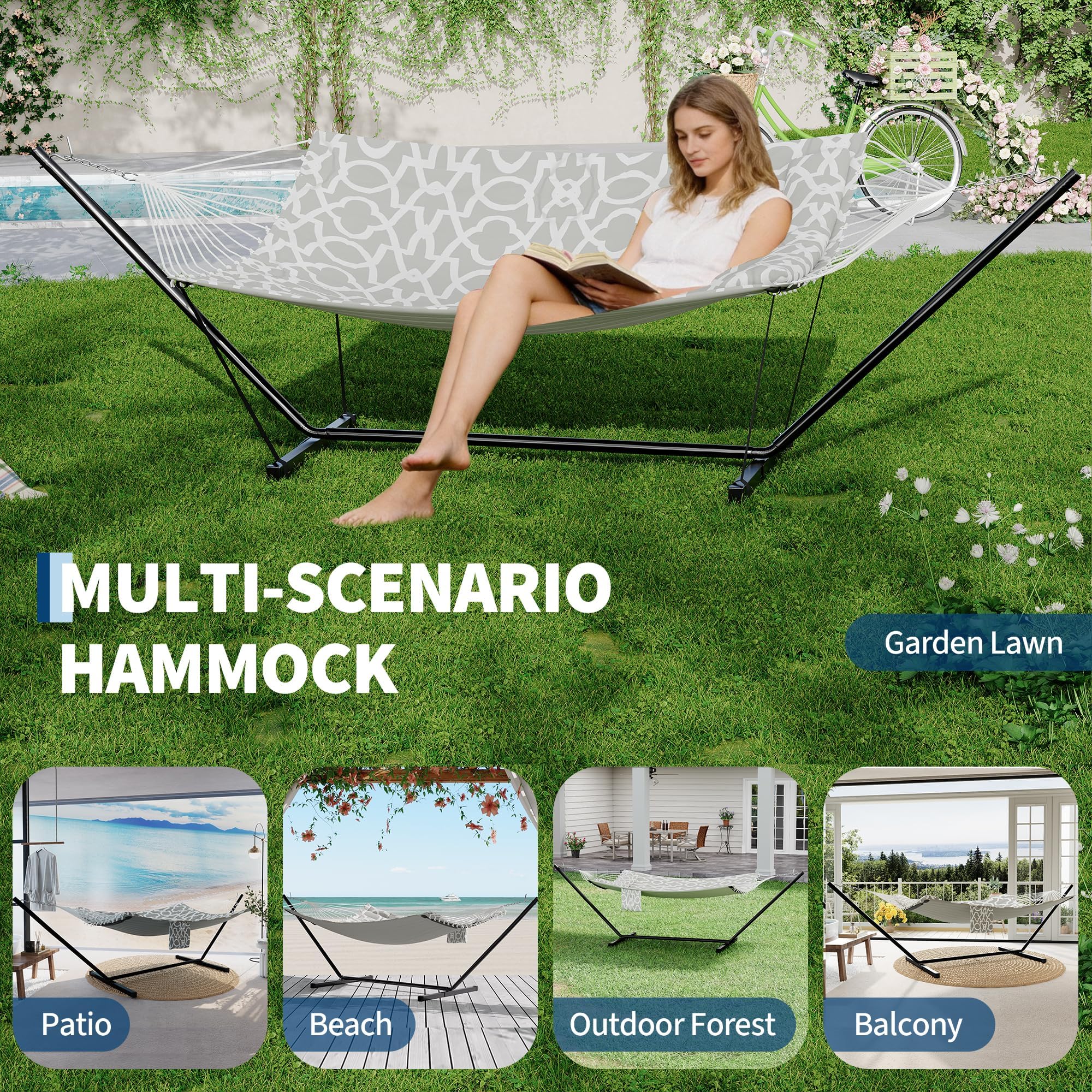 Hamac sur Pied avec Support T et Barres Incurvées en Fer - Hamac Matelassé Plat Gris Clair 365cm, Support Acier Solide 200kg, 2 Places, Jardin Balcon Terrasse Extérieur