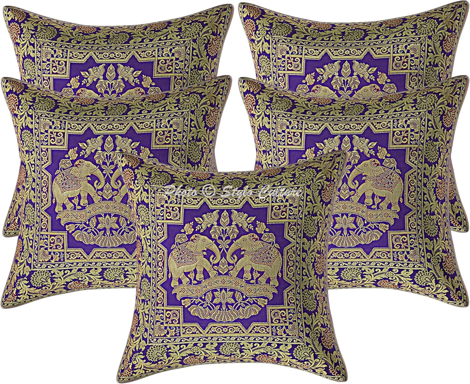 Bohemian Decorative Sofa Settee Toss Throw Pillow Cases 40x40 cm Brocade Hallway Decor Purple Elephant Jacquard Square Luxury Zippered Indian 16x16 Inch Cushion Covers - 5 Pcs