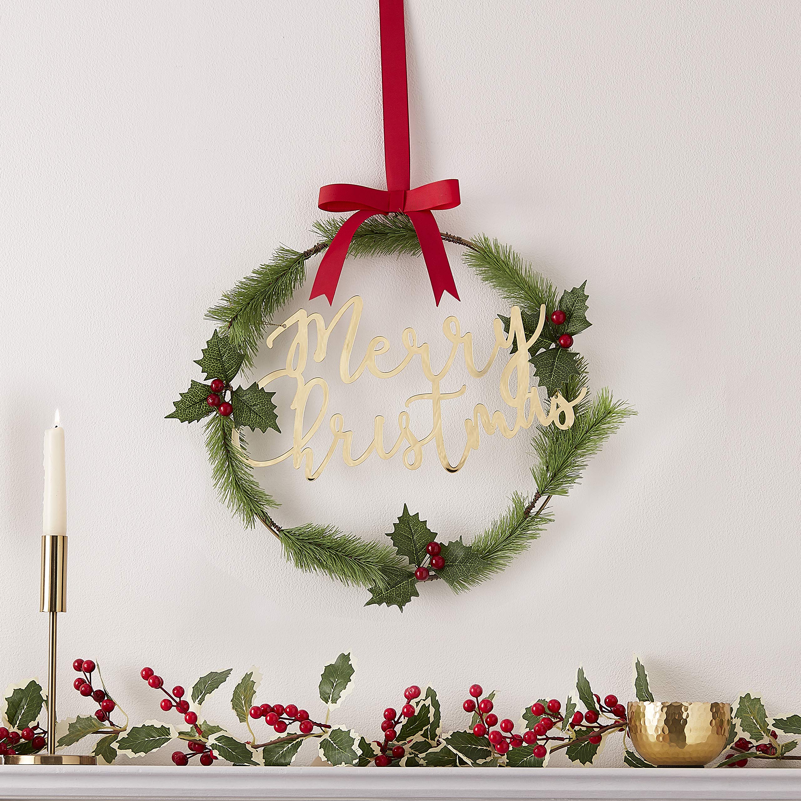 Ginger Ray Christmas Wreath with Gold Merry Christmas Reusable Hanging Decoration