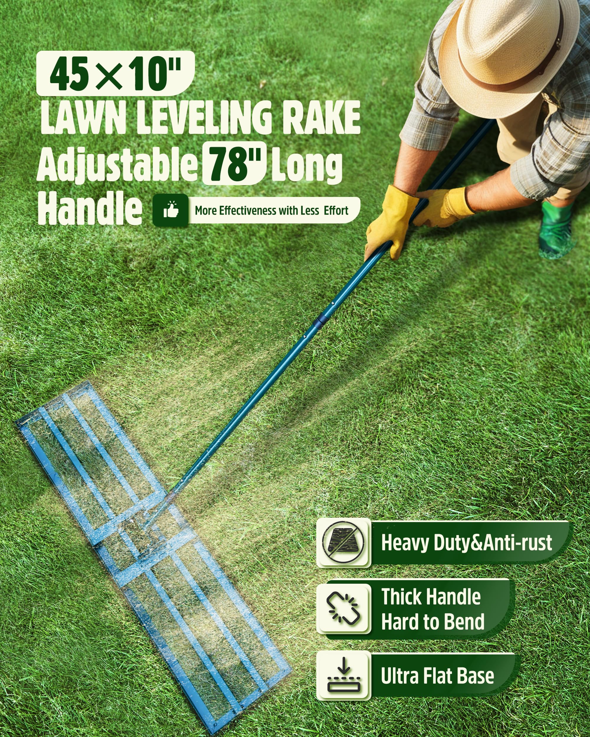 Rastrillo nivelador de césped, nivelador de césped de acero inoxidable con placa de tierra de 45 x 10 pulgadas, mango largo ajustable de 78 pulgadas, herramienta de césped de gran nivel resistente